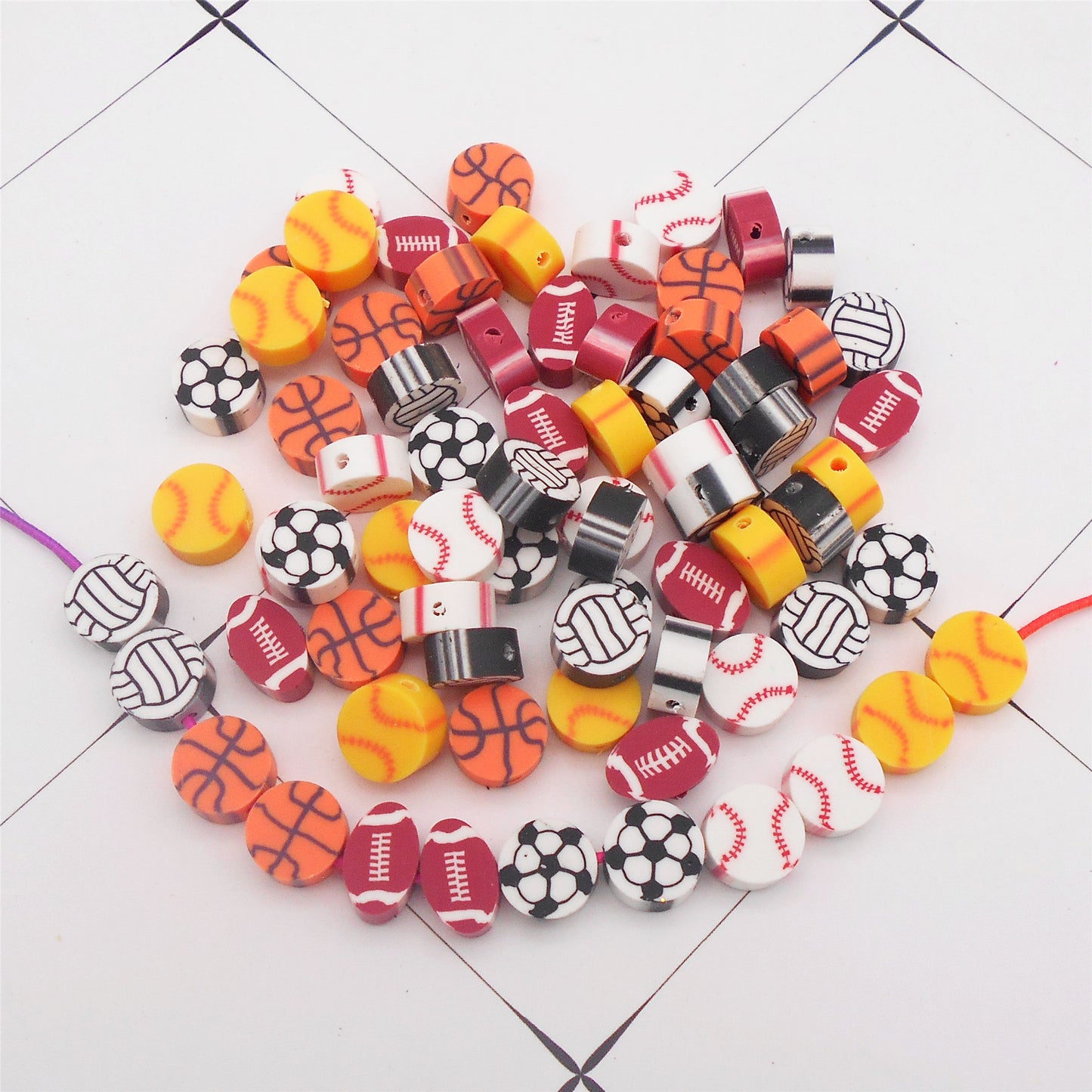50Pcs 10mm Polymer Clay Beads Sport Ball Pattern Spacer Beads DIY Jewelry Making Accessories Phone Chain Crafts Decor