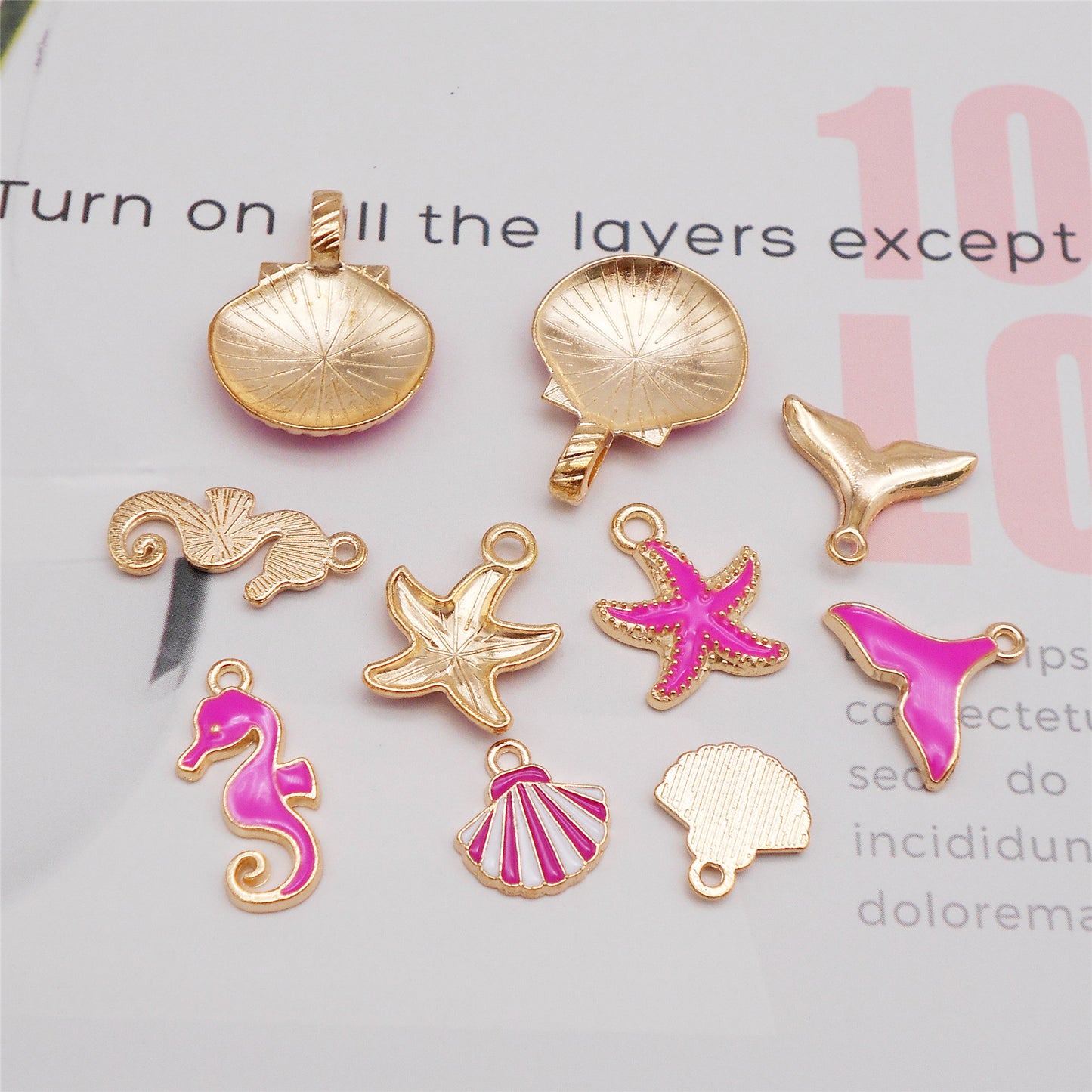 5Pairs Rose Enamel Marine Life Charms Metal Sea Horse Seashell Starfish Pendants DIY Making Accessories Crafts Supplies Jewelry Decoration