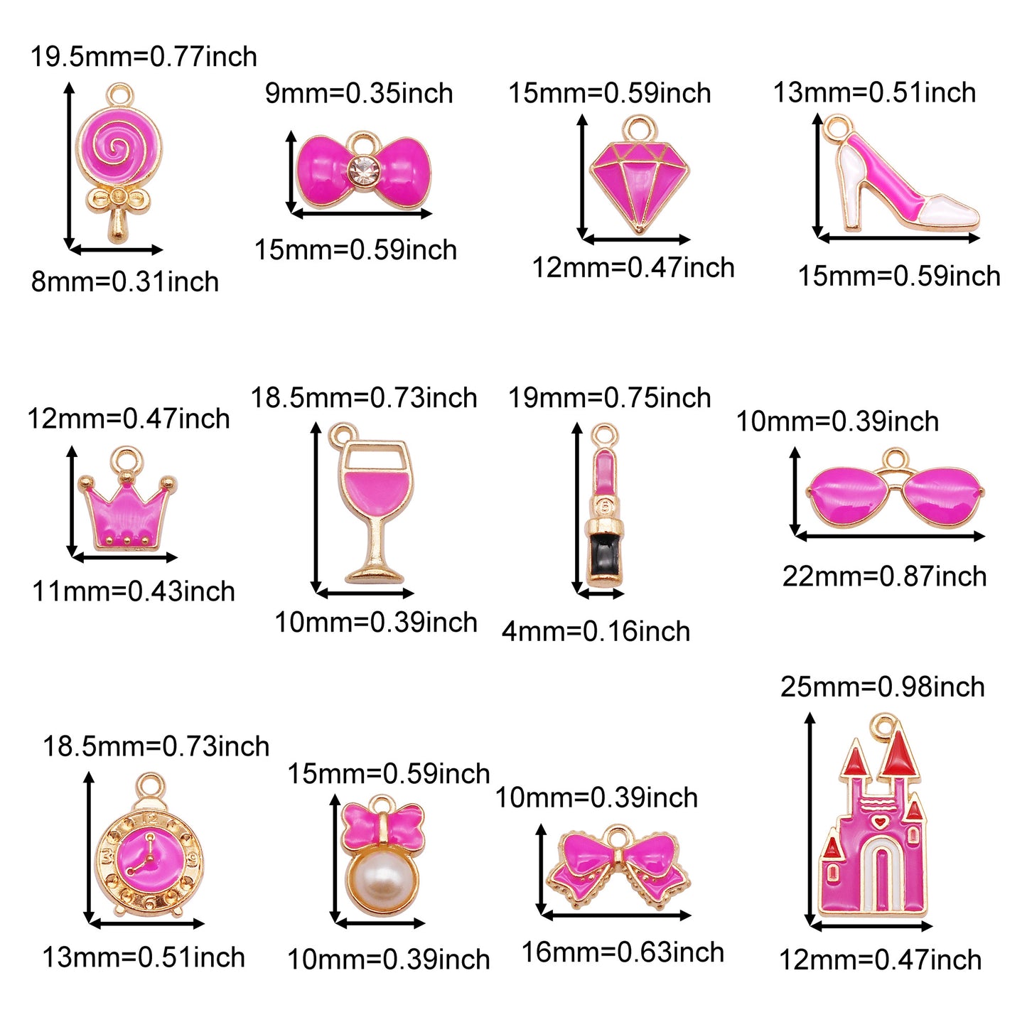 12Pairs Metal Crown Bowknot Wine Glass Shaped Charms Rose Enamel for Pendant Jewelry Making DIY Crafts Decor