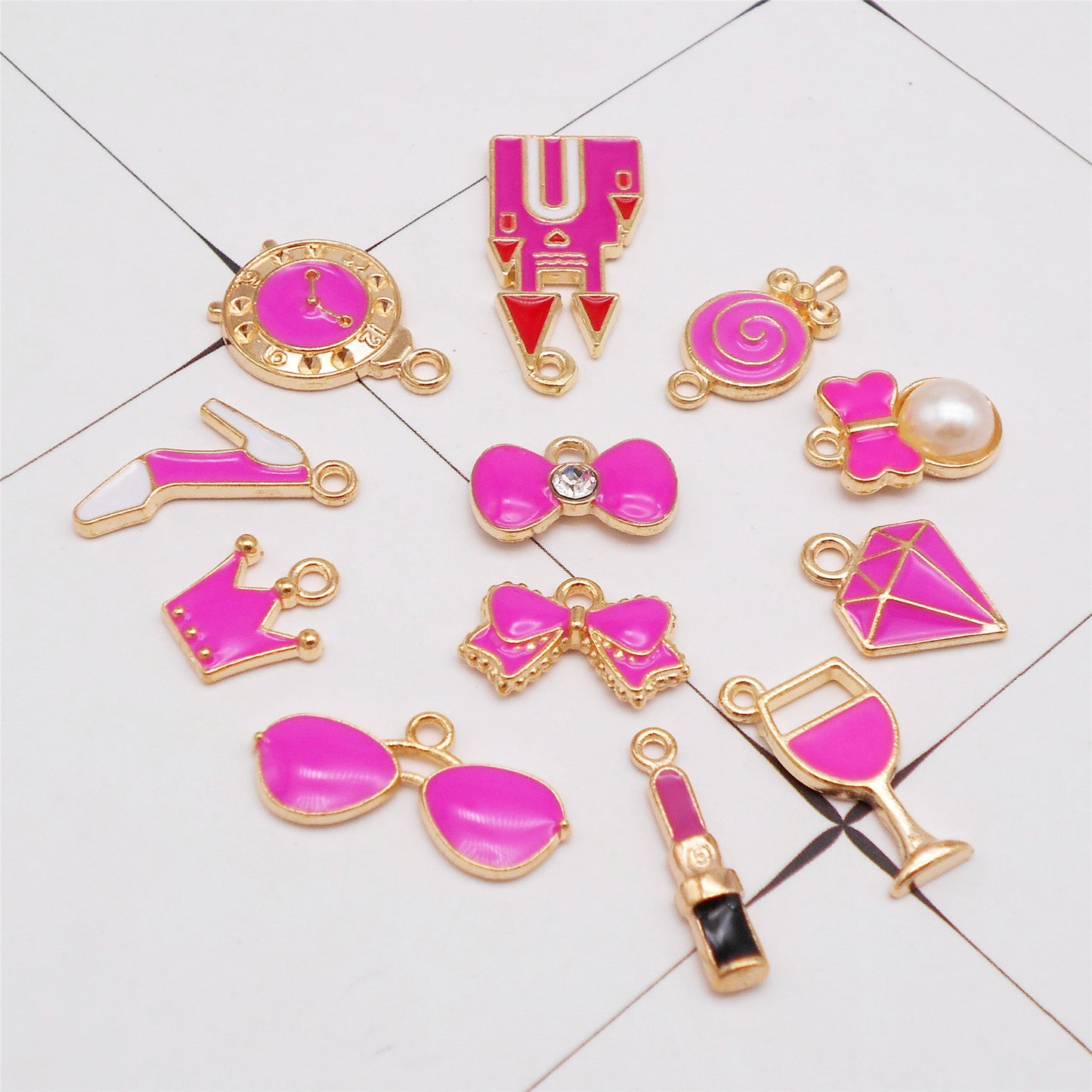 12Pairs Metal Crown Bowknot Wine Glass Shaped Charms Rose Enamel for Pendant Jewelry Making DIY Crafts Decor