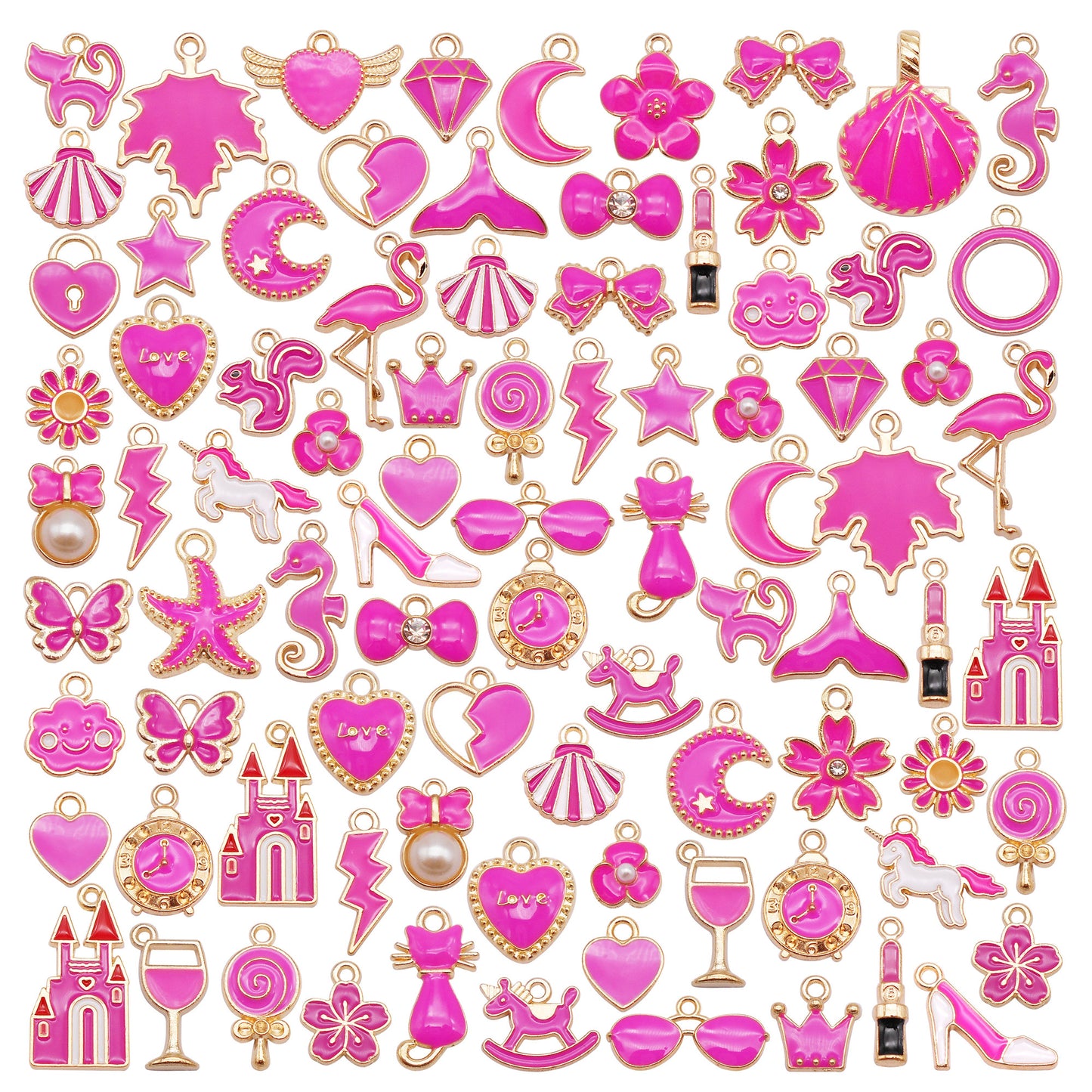 80pcs Fashion Charms Bright Pink Bling Pendants for Women Princess Jewelry Necklace Earrings Bracelet DIY Making
