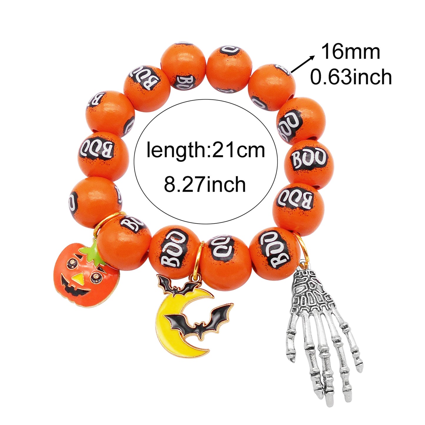 1 Piece Wood Round Bead Bracelet with Tomato & Moon Bat & Skull Hand Dangles Halloween Theme Bracelet for Daily Wear, Festival Gifts