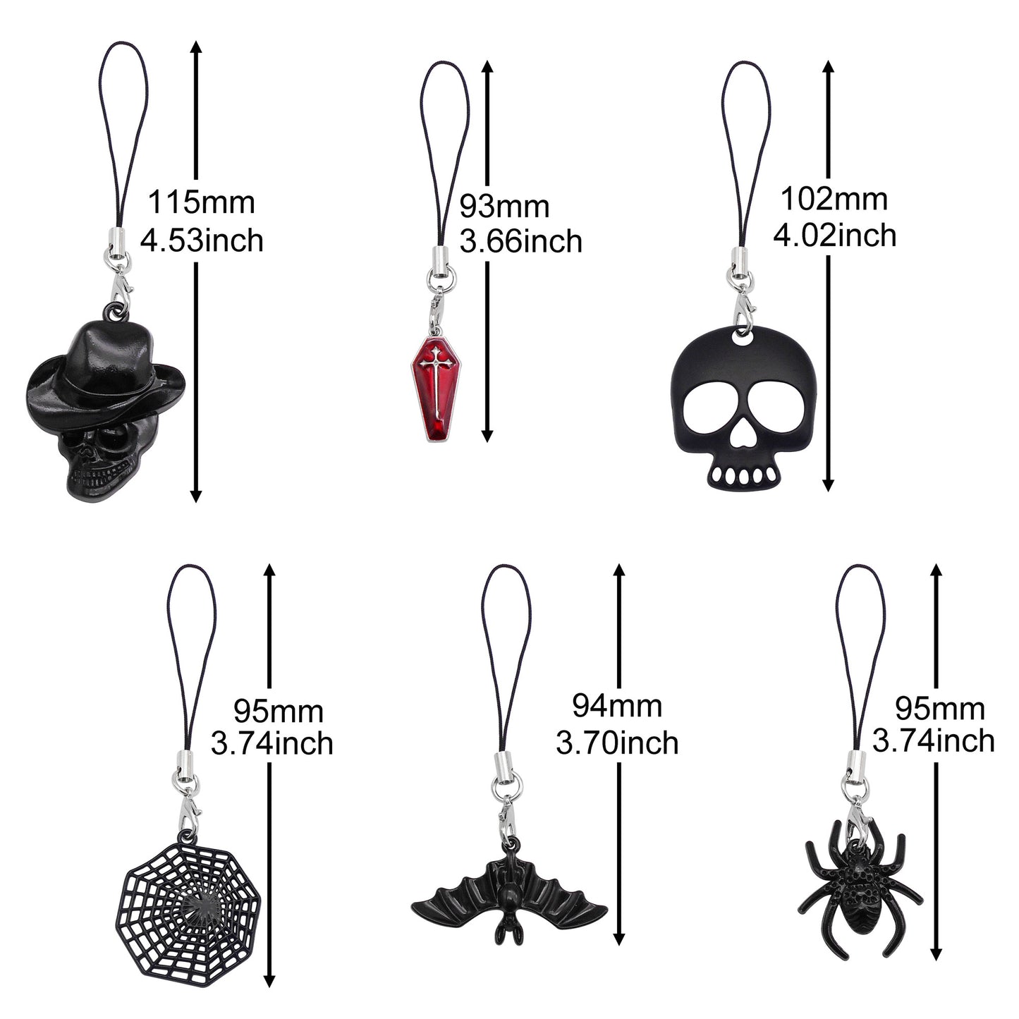 6pcs Gothic Skull Head Bat Spider Dangle Phone Chain Electroplated Alloy Charms Pendant Black for Phone Case Decor DIY Jewelry Crafts Supplies