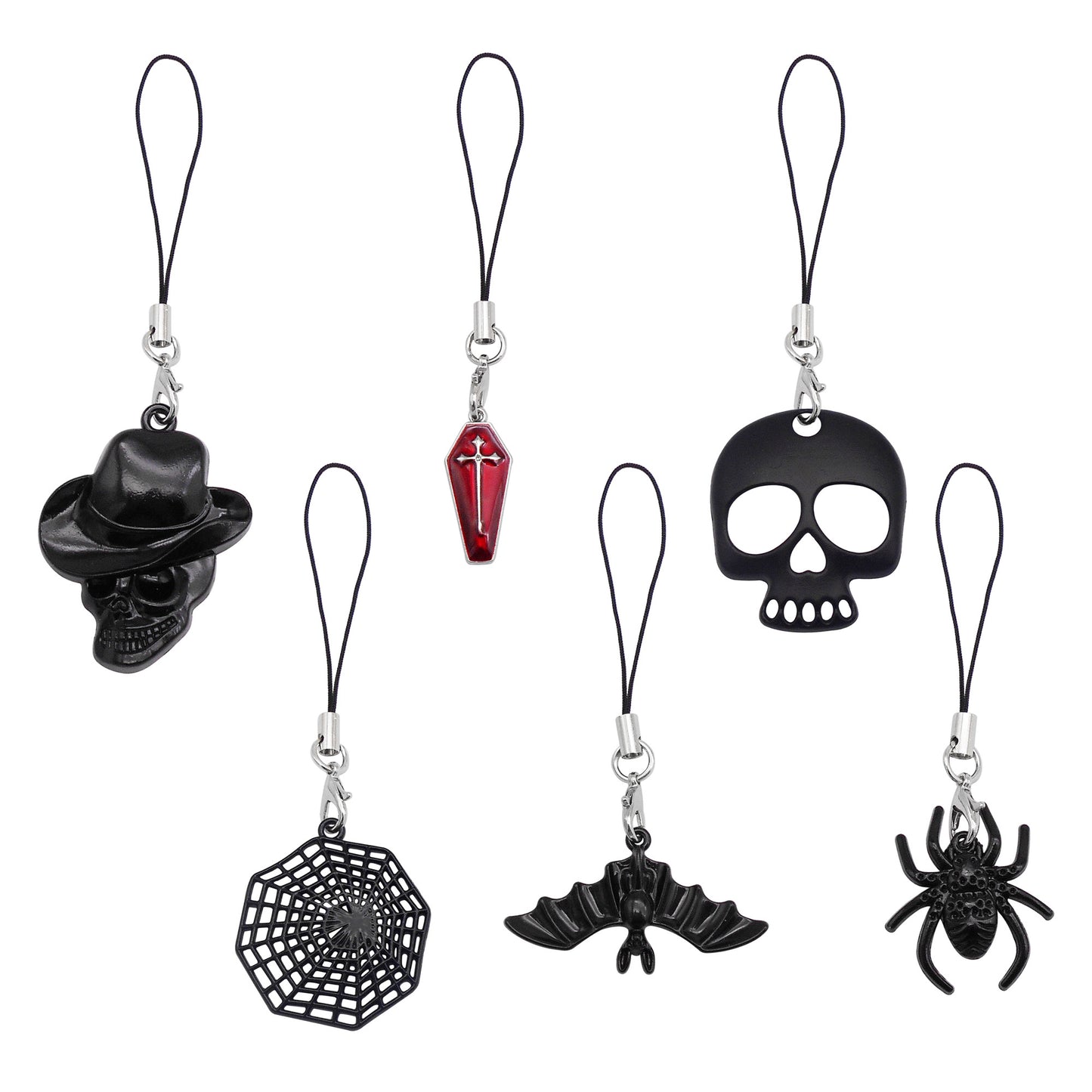 6pcs Gothic Skull Head Bat Spider Dangle Phone Chain Electroplated Alloy Charms Pendant Black for Phone Case Decor DIY Jewelry Crafts Supplies