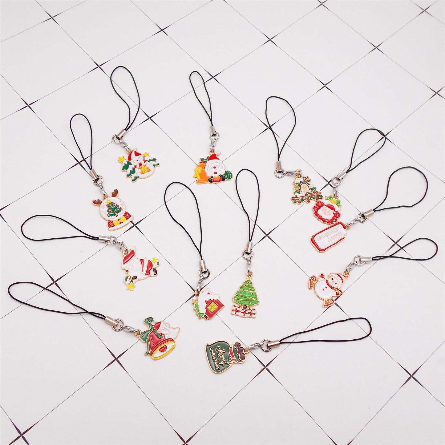 12Pcs Enamel Christmas Tree Santa Claus Dangle Phone Chain Metal Bell Snowman Charms for Pendant Jewelry Making DIY Phone Case Crafts Decor