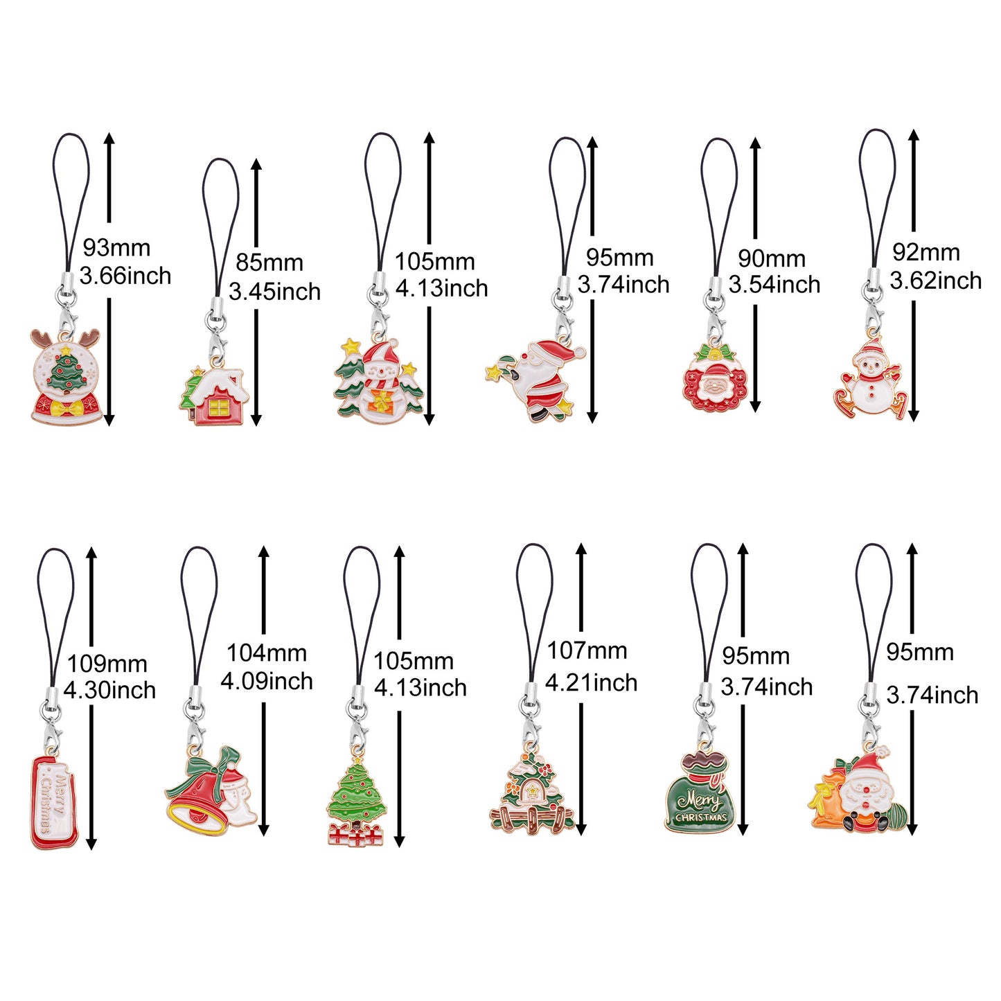 12Pcs Enamel Christmas Tree Santa Claus Dangle Phone Chain Metal Bell Snowman Charms for Pendant Jewelry Making DIY Phone Case Crafts Decor