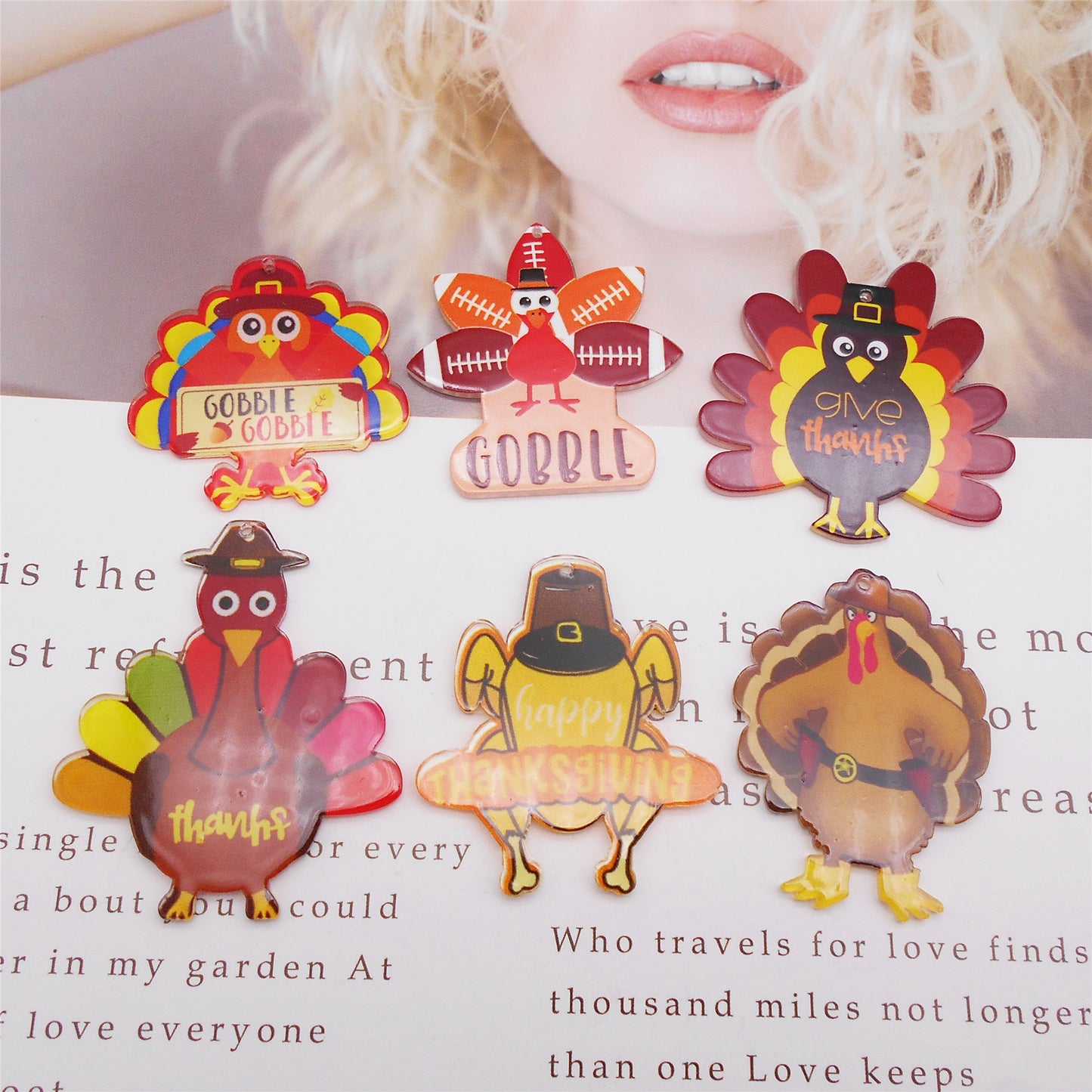 6Pcs Thanksgiving Turkey Charms Acrylic Material for DIY Pendant Jewelry Making Party Decor Crafts Supplies