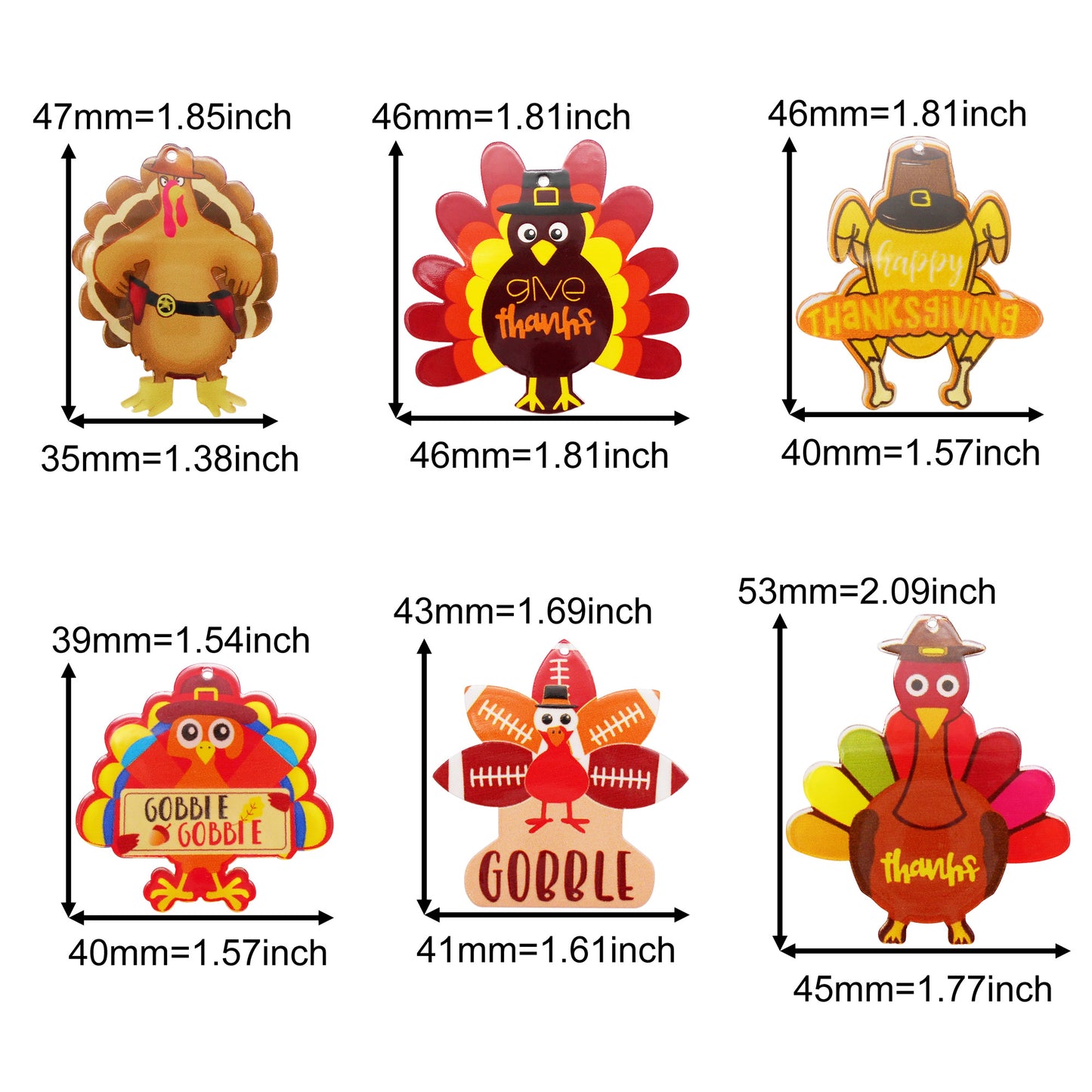 6Pcs Thanksgiving Turkey Charms Acrylic Material for DIY Pendant Jewelry Making Party Decor Crafts Supplies