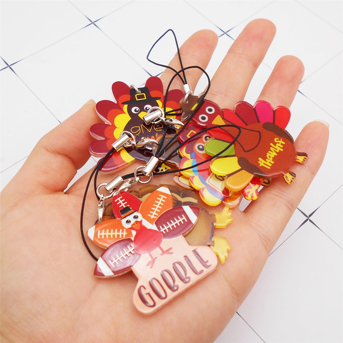 6pcs Thanksgiving Turkey Dangle Phone Chain Acrylic Charms for DIY Pendant Jewelry Making Phone Case Crafts Decor