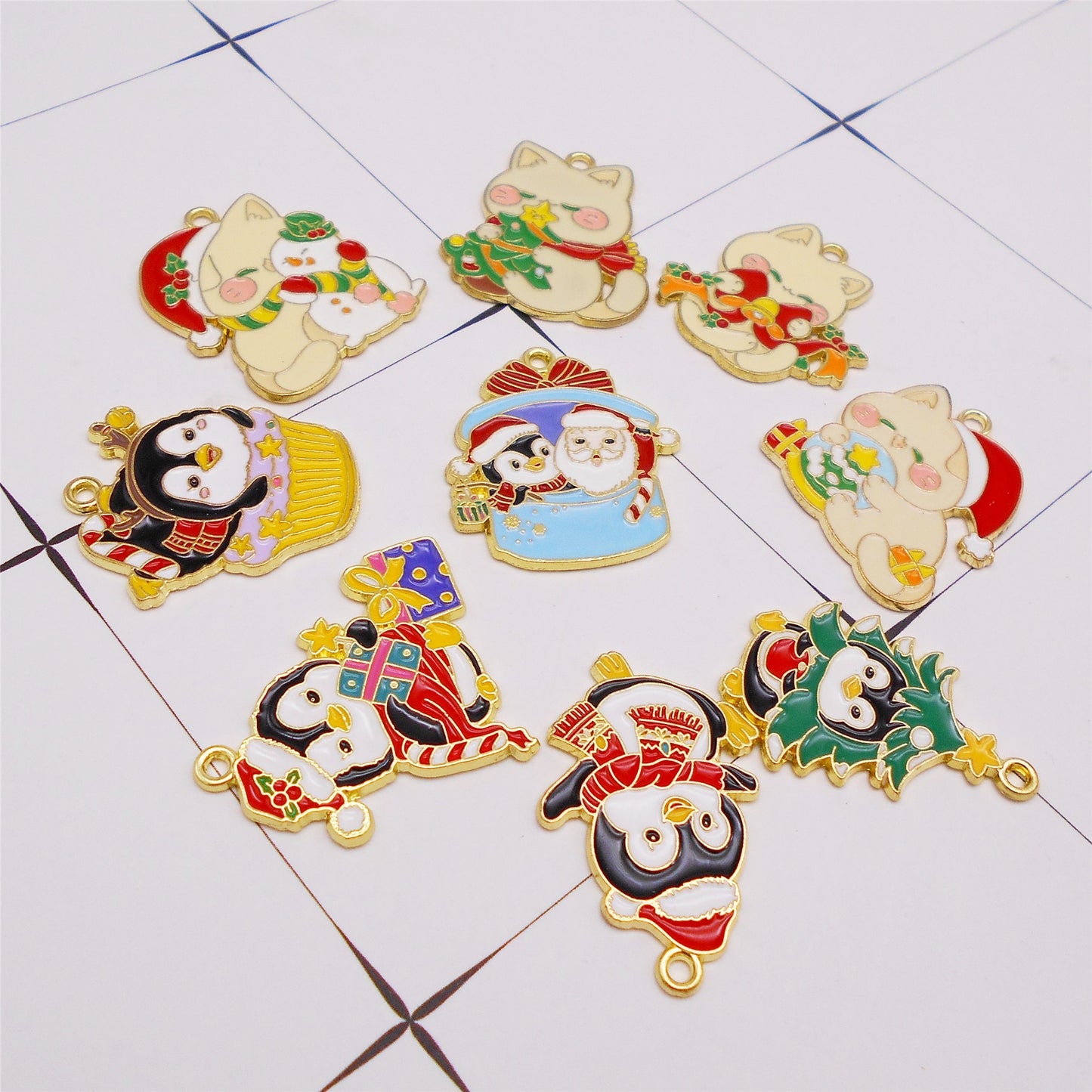 Christmas Penguin & Cat Pendants - 4/5/9Pcs Enamel Metal Charms for DIY Jewelry, Keyring, Decor & Craft Accessories