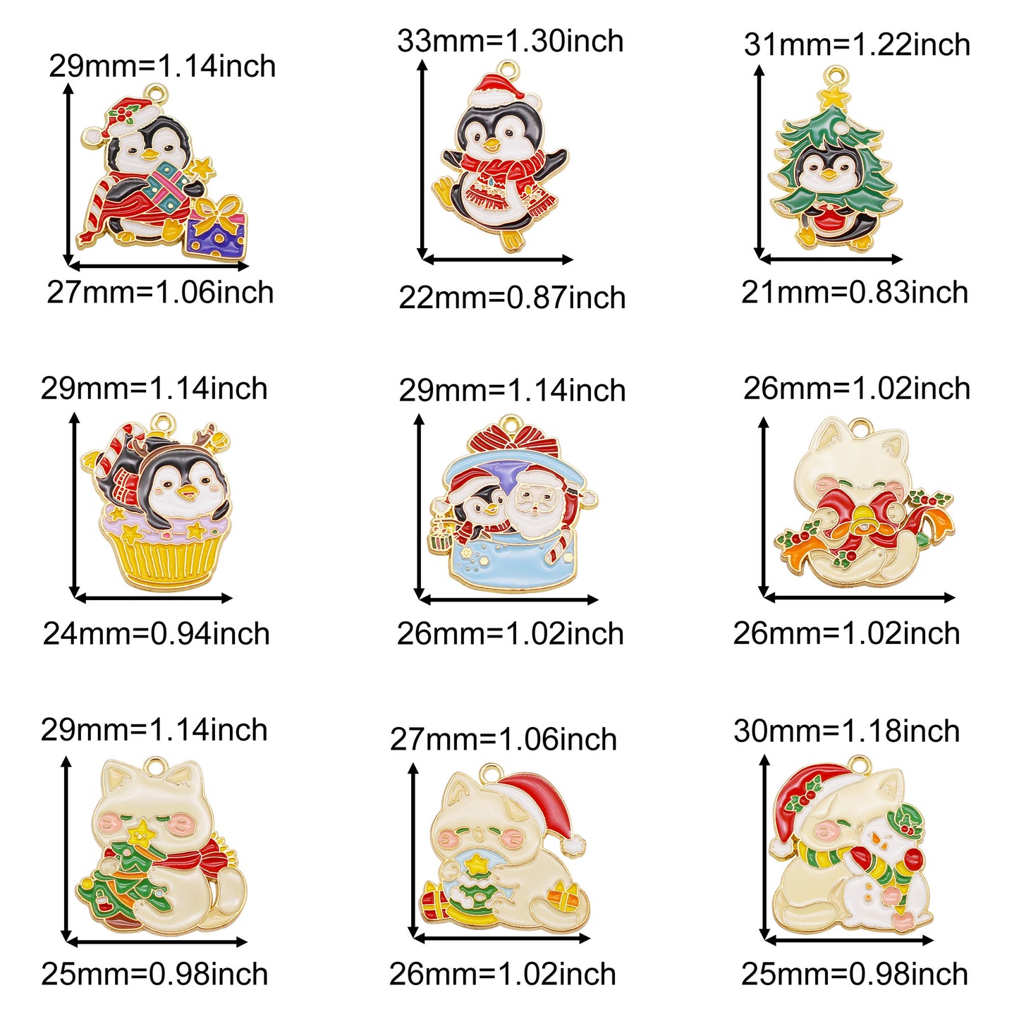 Christmas Penguin & Cat Pendants - 4/5/9Pcs Enamel Metal Charms for DIY Jewelry, Keyring, Decor & Craft Accessories