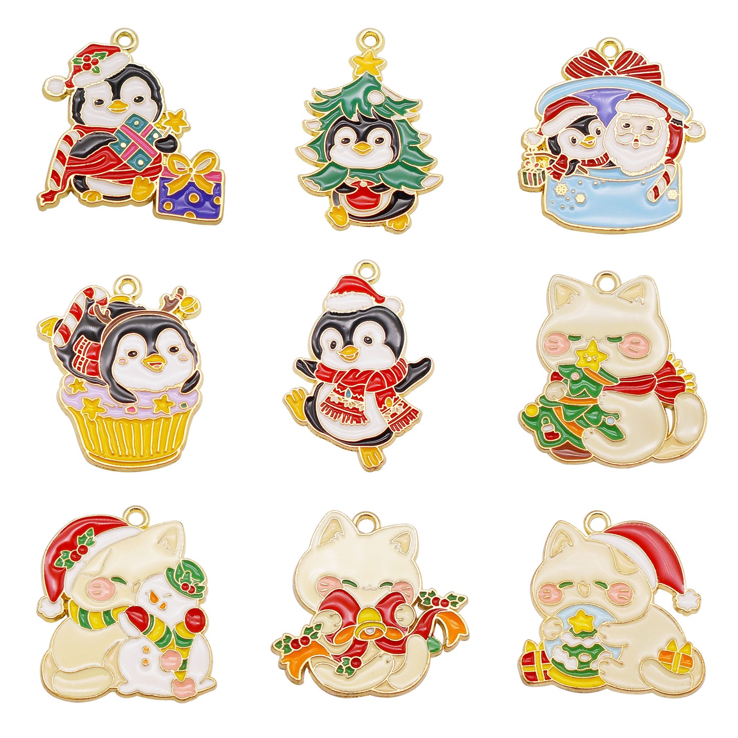 Christmas Penguin & Cat Pendants - 4/5/9Pcs Enamel Metal Charms for DIY Jewelry, Keyring, Decor & Craft Accessories