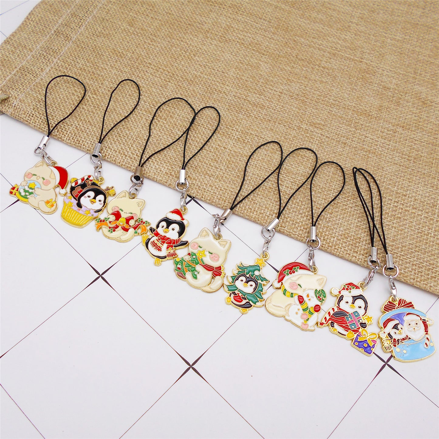 Christmas Theme Penguin & Cat Phone Chain - Cartoon Metal Enamel Charms for Pendant Jewelry Making, Phone Case DIY Crafts Decor