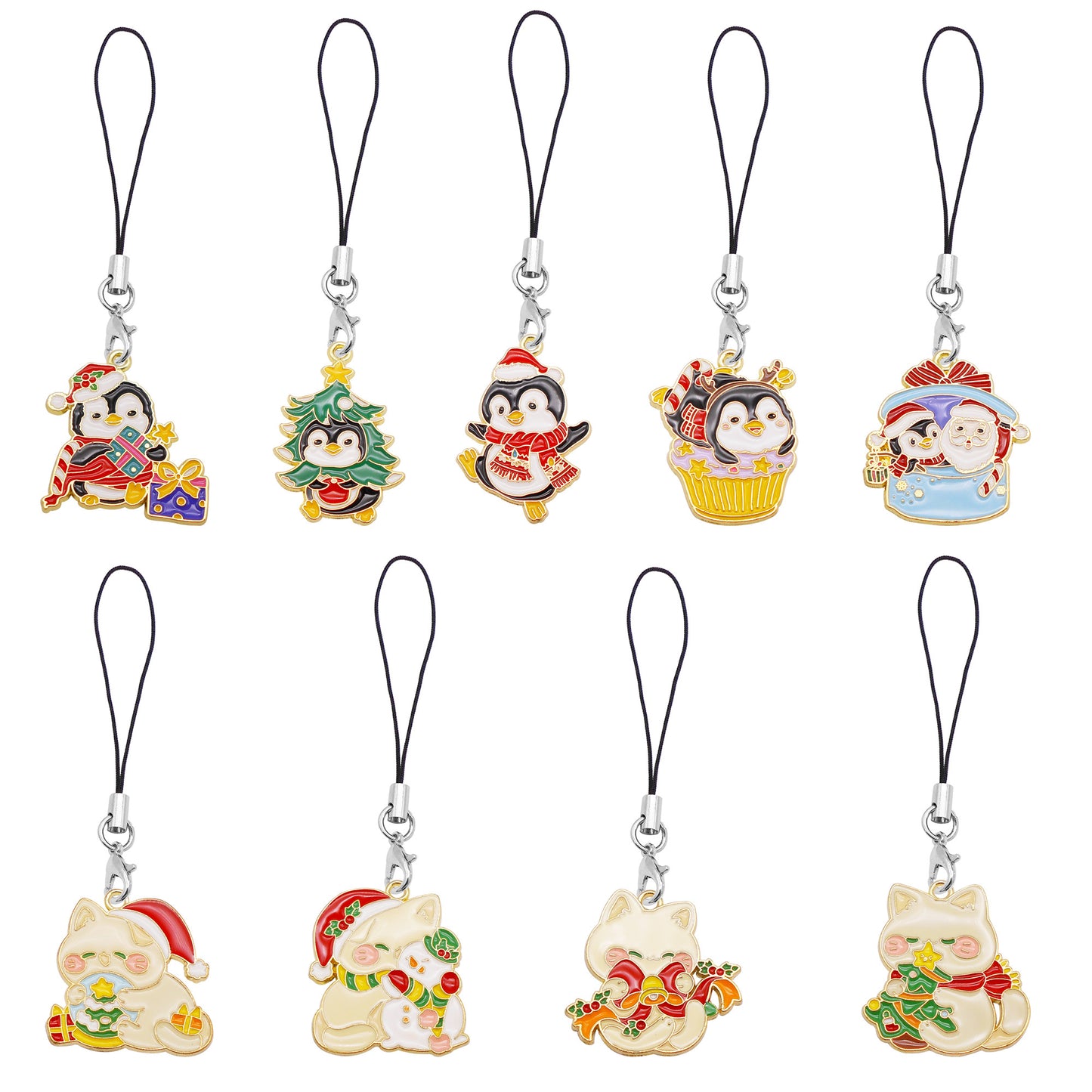 Christmas Theme Penguin & Cat Phone Chain - Cartoon Metal Enamel Charms for Pendant Jewelry Making, Phone Case DIY Crafts Decor