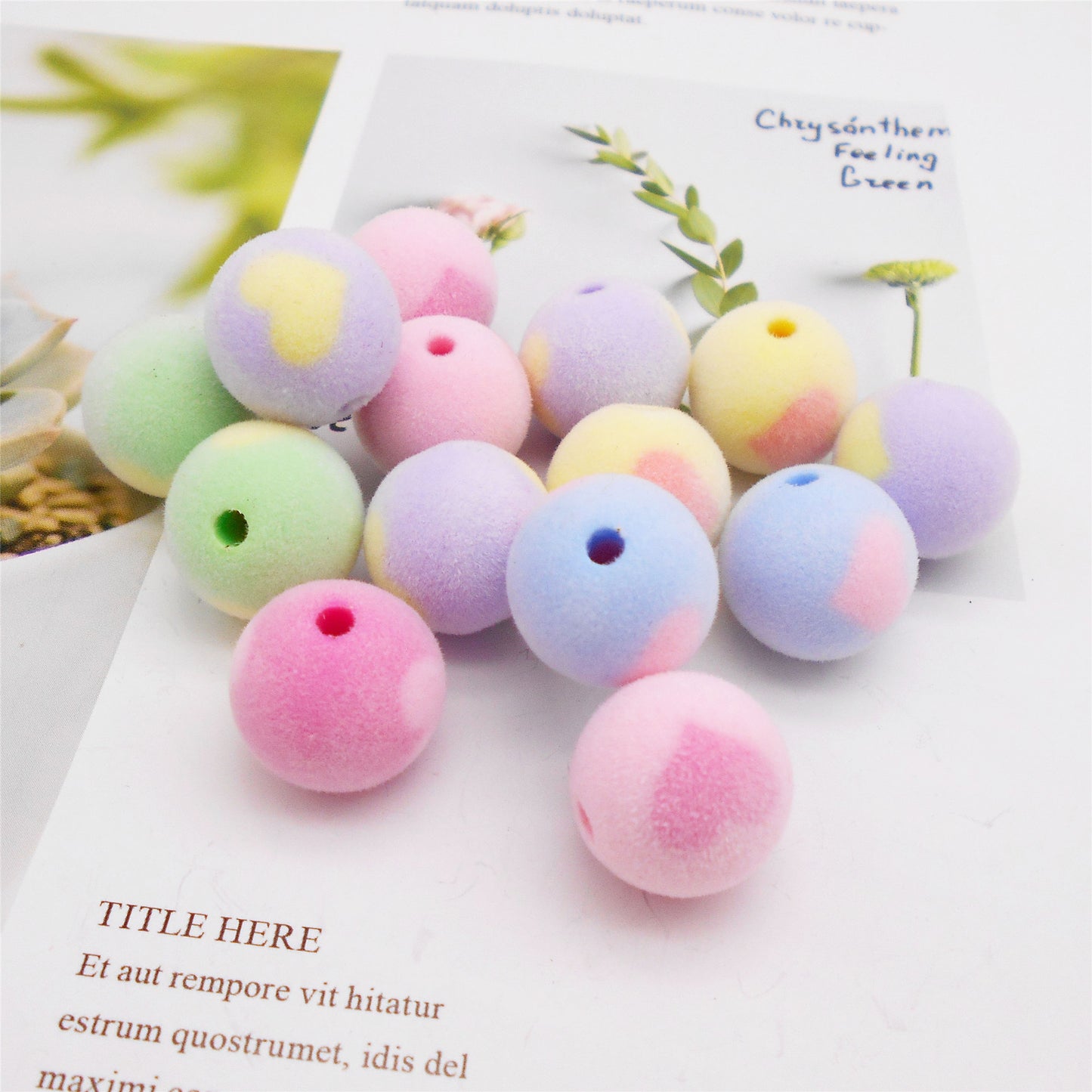 10Pcs Acrylic Flocked Round Beads 16mm Jewelry Loose Spacer Beads Bracelet Making Accessories DIY Crafts Supplies Phone Chain Decor