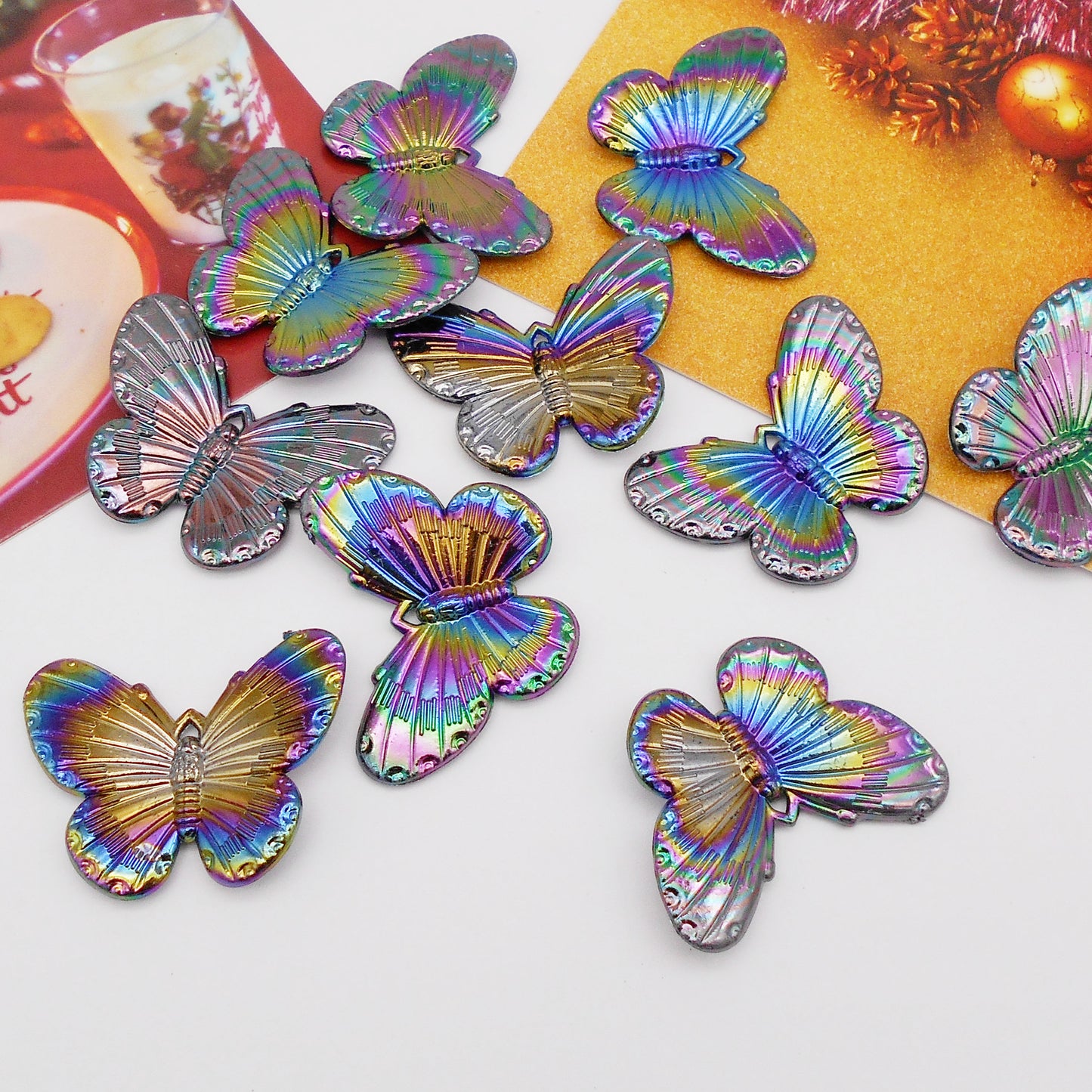 10PCS Rainbow-Plated Butterfly Charms | 41x30mm Black Plastic Dangle Pendants for DIY Jewelry Making Necklace Bracelet Craft Supplies