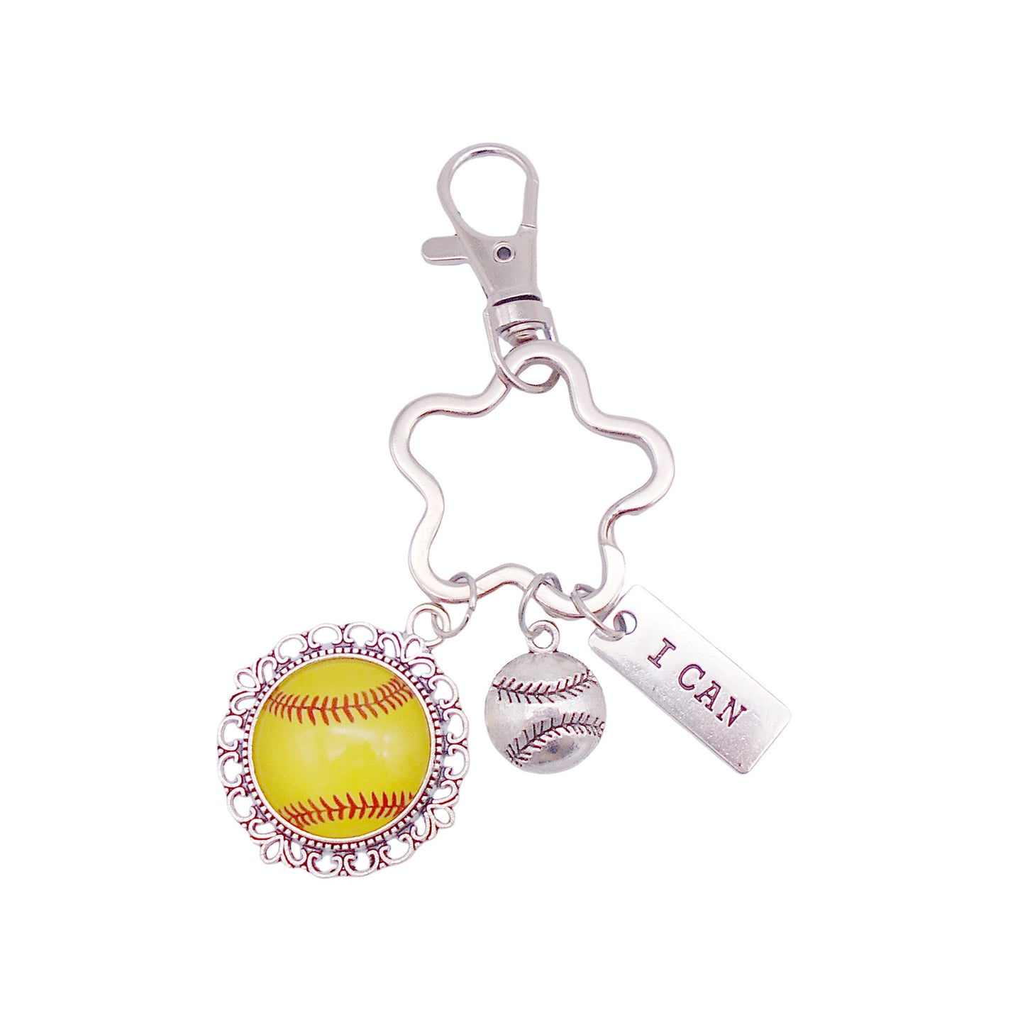 1 Piece Hollow-Out Flower Charm Keychain Alloy Softball Dangle Cabochon Keyring for Car & Home Key Decor