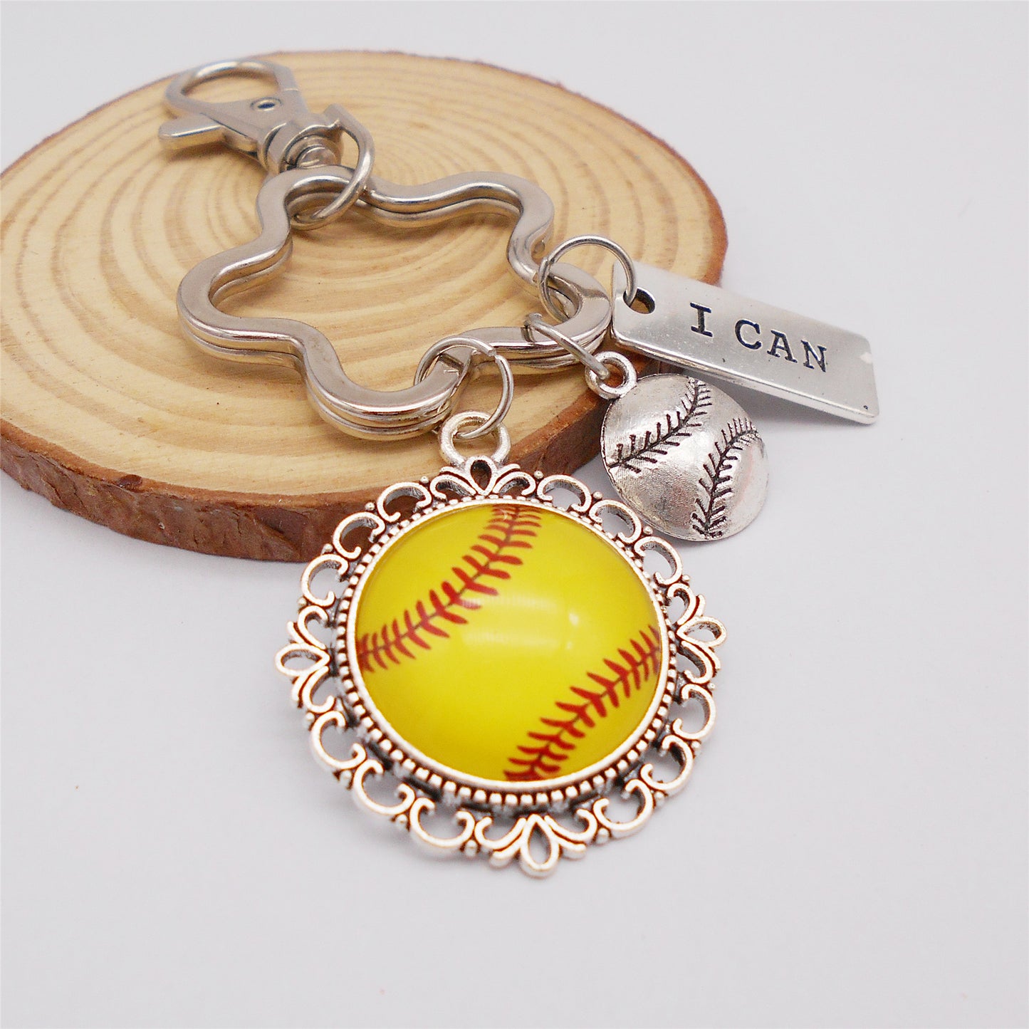 1 Piece Hollow-Out Flower Charm Keychain Alloy Softball Dangle Cabochon Keyring for Car & Home Key Decor