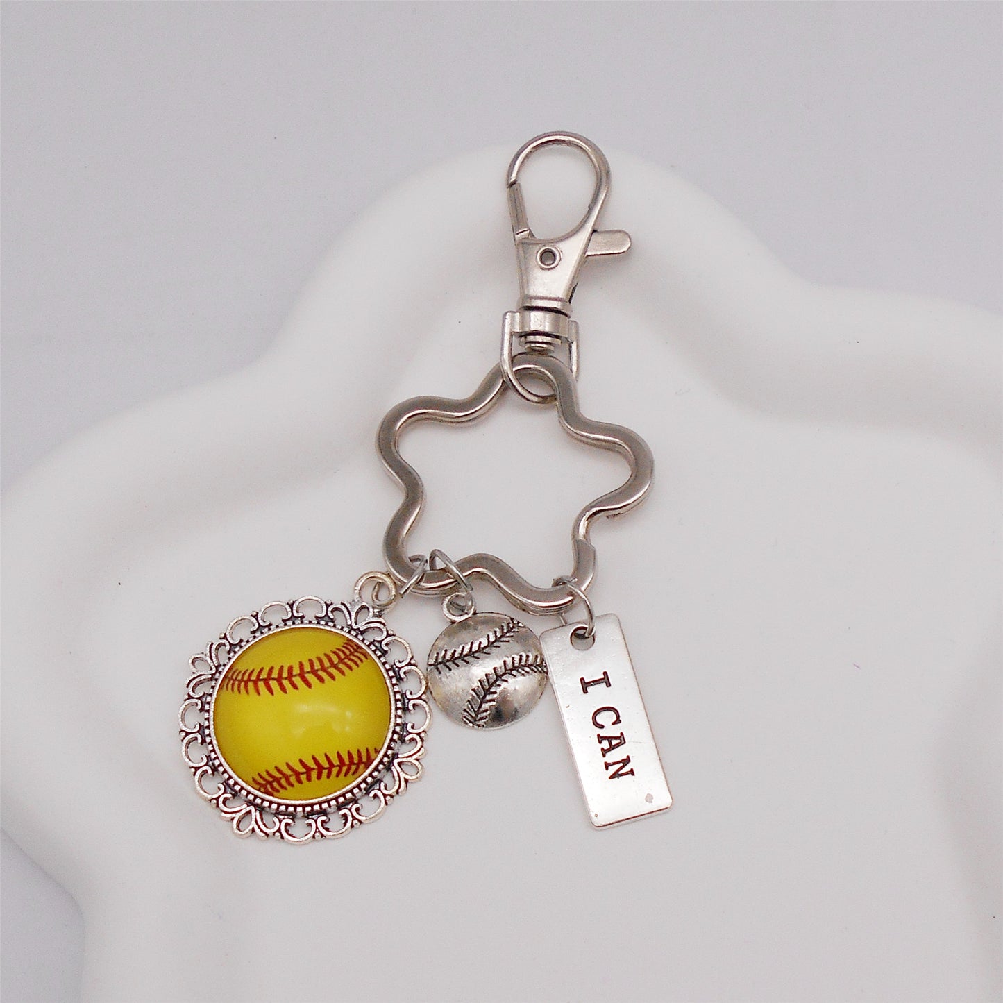1 Piece Hollow-Out Flower Charm Keychain Alloy Softball Dangle Cabochon Keyring for Car & Home Key Decor