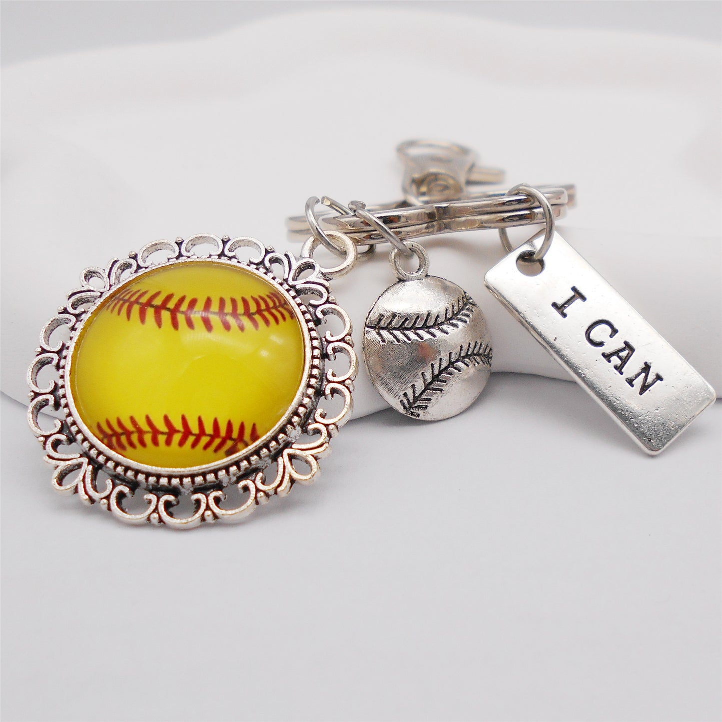 1 Piece Hollow-Out Flower Charm Keychain Alloy Softball Dangle Cabochon Keyring for Car & Home Key Decor