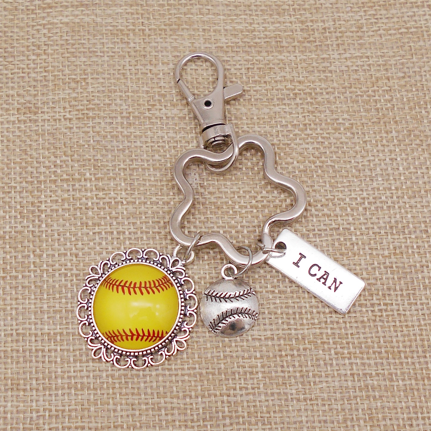 1 Piece Hollow-Out Flower Charm Keychain Alloy Softball Dangle Cabochon Keyring for Car & Home Key Decor