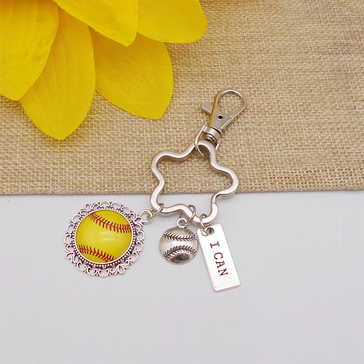 1 Piece Hollow-Out Flower Charm Keychain Alloy Softball Dangle Cabochon Keyring for Car & Home Key Decor