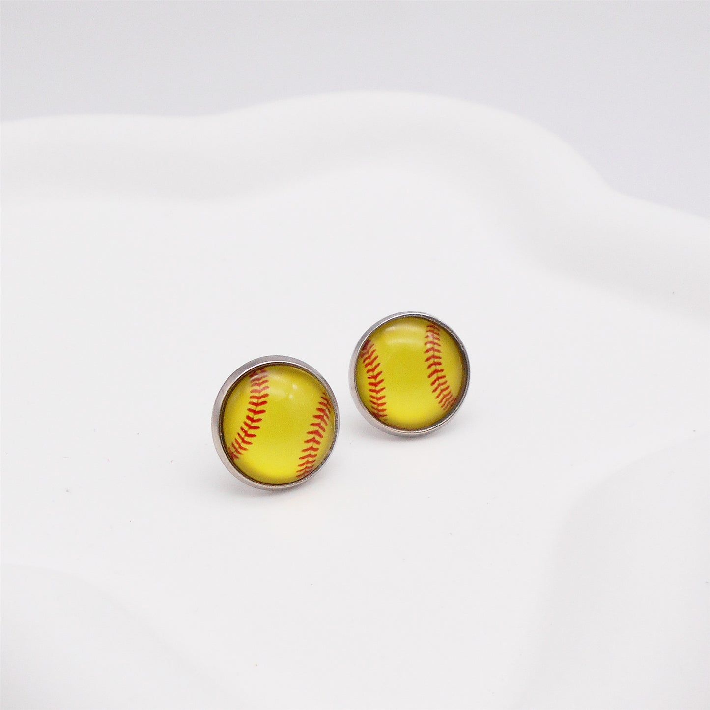 1 Pair Stainless Steel Softball Pattern Stud Earrings for Women - Earring Post Stud Setting Glass Cabochons - Hypoallergenic Piercing Jewelry
