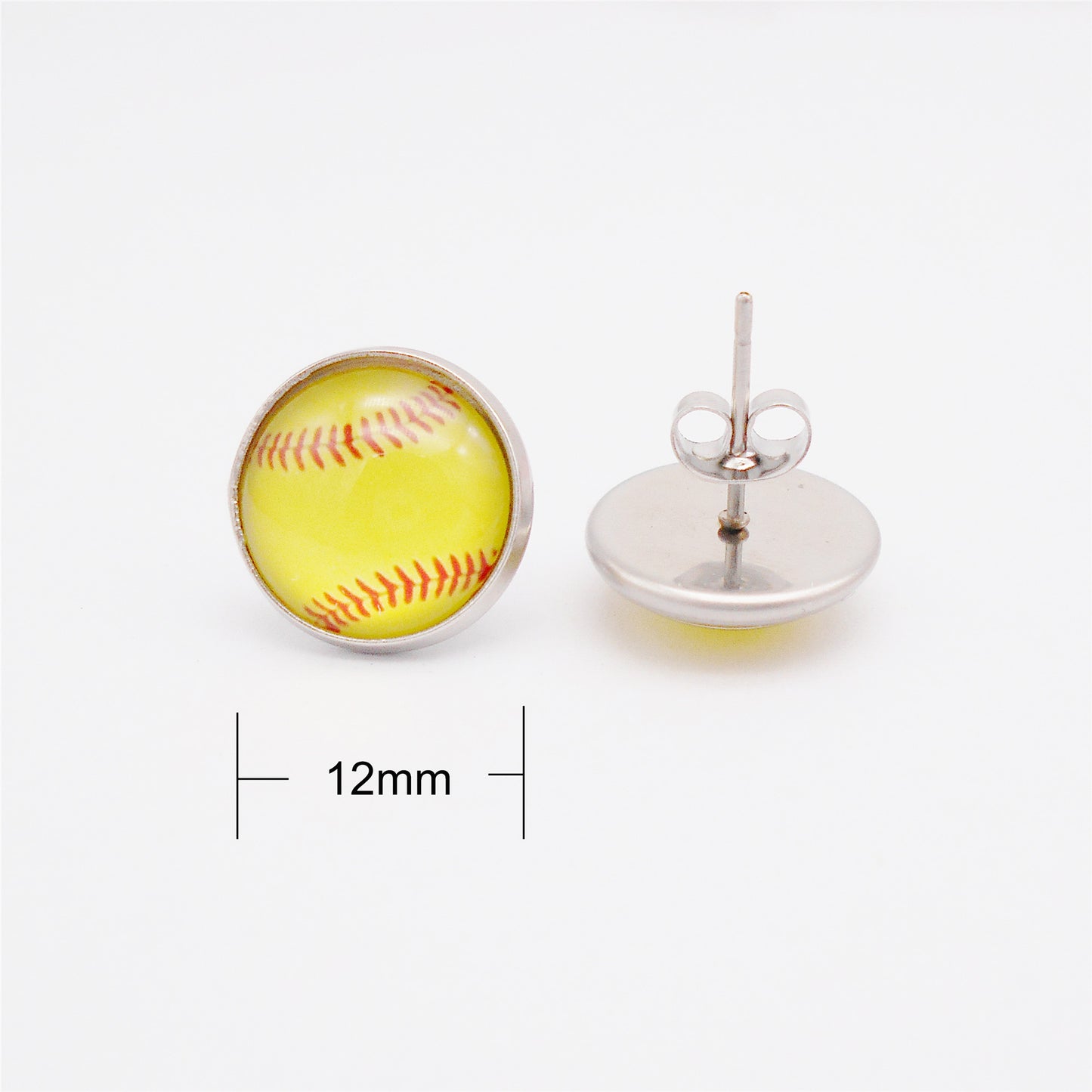 1 Pair Stainless Steel Softball Pattern Stud Earrings for Women - Earring Post Stud Setting Glass Cabochons - Hypoallergenic Piercing Jewelry