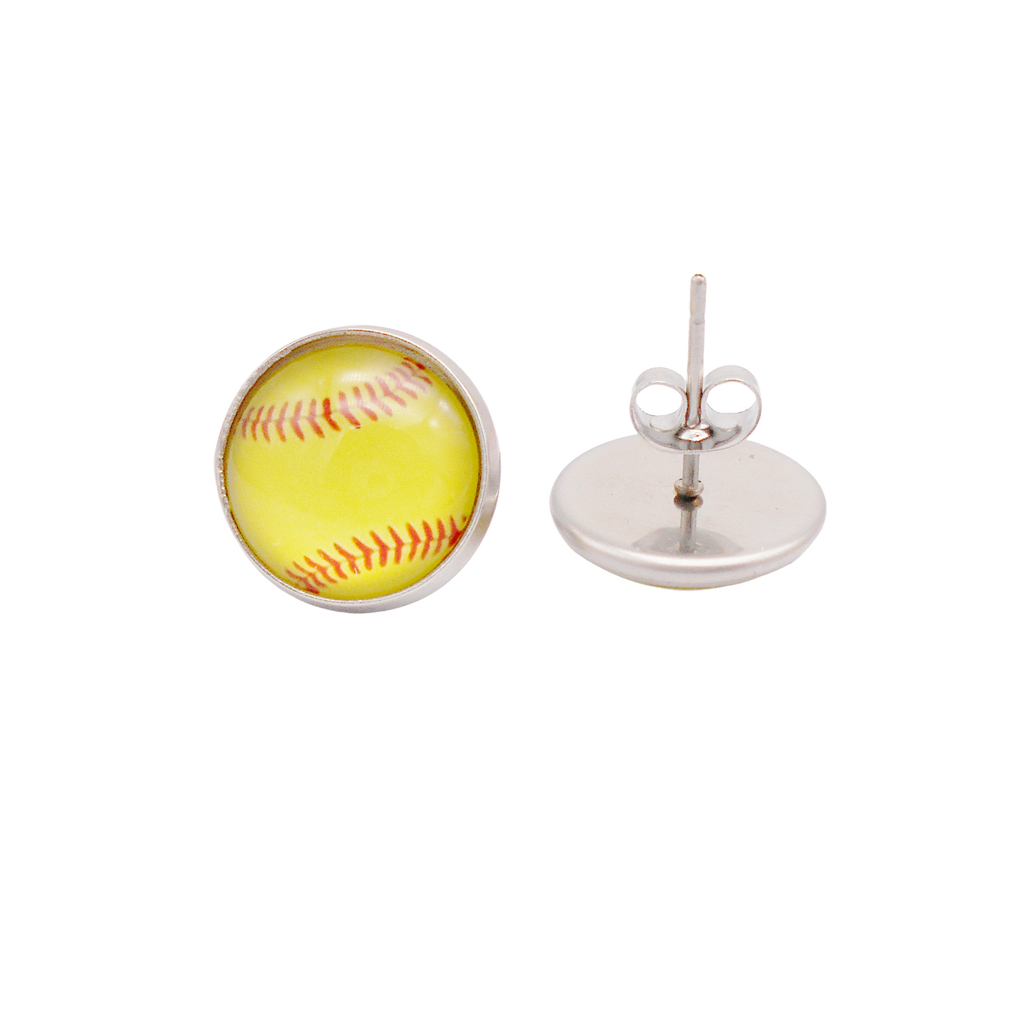 1 Pair Stainless Steel Softball Pattern Stud Earrings for Women - Earring Post Stud Setting Glass Cabochons - Hypoallergenic Piercing Jewelry
