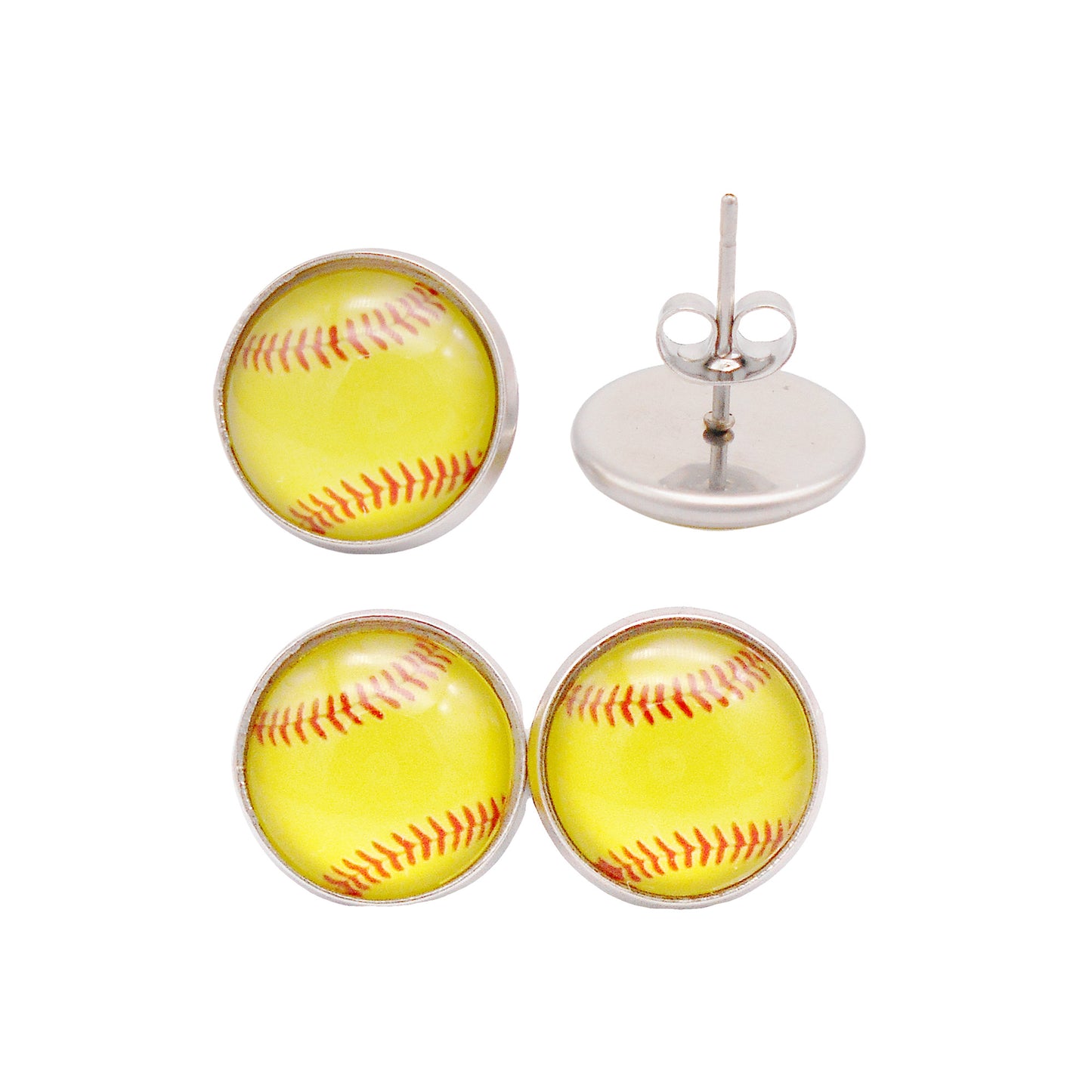 1 Pair Stainless Steel Softball Pattern Stud Earrings for Women - Earring Post Stud Setting Glass Cabochons - Hypoallergenic Piercing Jewelry