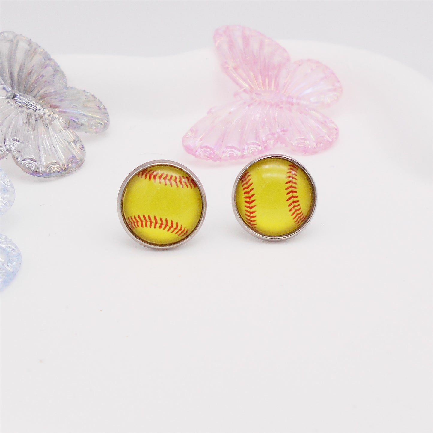 1 Pair Stainless Steel Softball Pattern Stud Earrings for Women - Earring Post Stud Setting Glass Cabochons - Hypoallergenic Piercing Jewelry