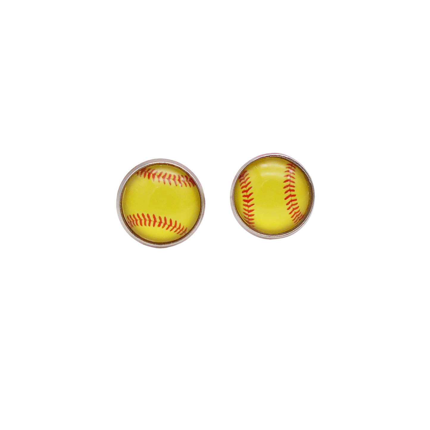 1 Pair Stainless Steel Softball Pattern Stud Earrings for Women - Earring Post Stud Setting Glass Cabochons - Hypoallergenic Piercing Jewelry