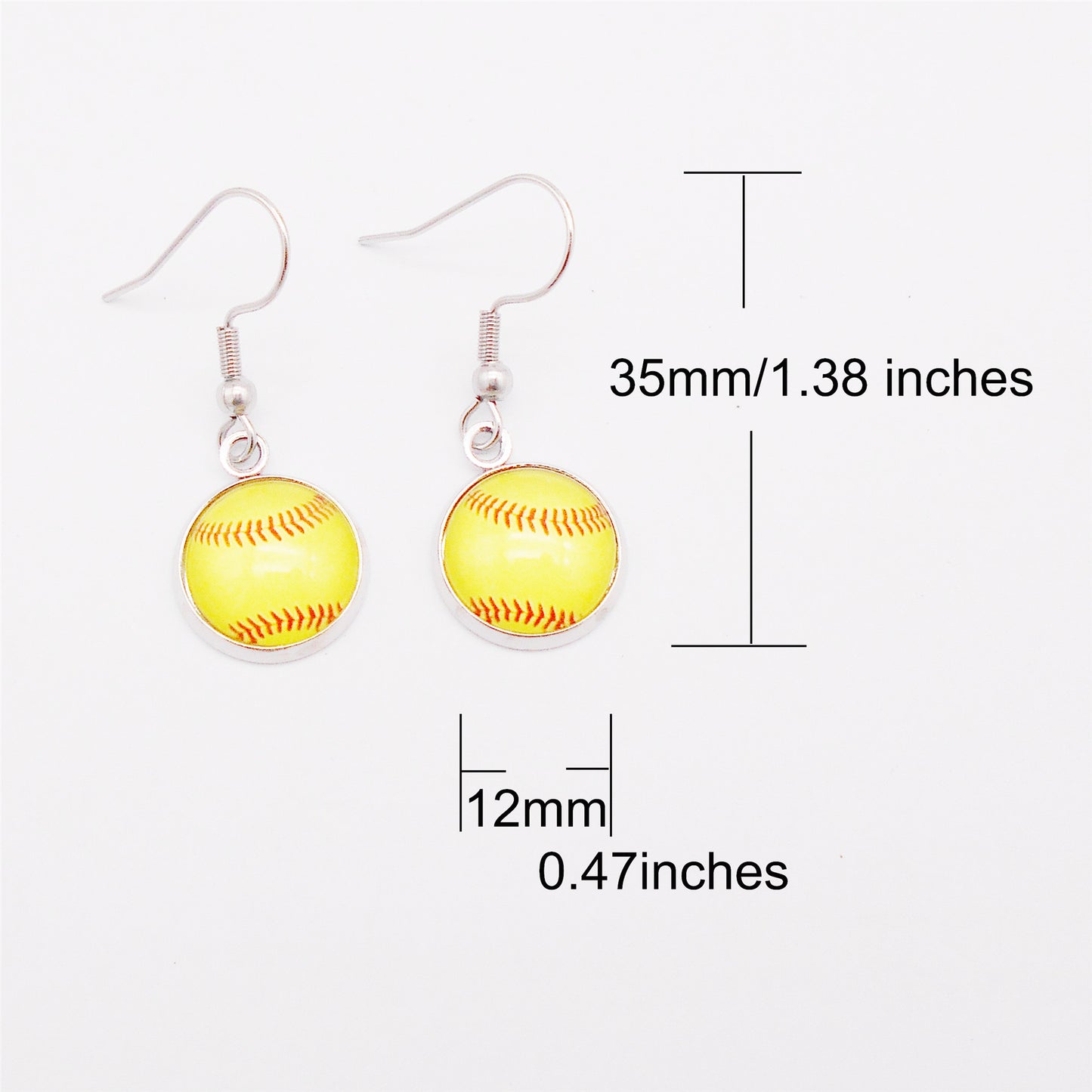 Hypoallergenic Softball Pattern Hook Earrings - 1 pair Glass Cabochon Dangle Earrings with Stainless Steel French Ear Wire Women Ear Piercing Jewelry for Daily Wear
