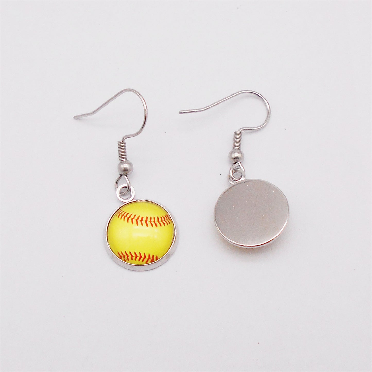 Hypoallergenic Softball Pattern Hook Earrings - 1 pair Glass Cabochon Dangle Earrings with Stainless Steel French Ear Wire Women Ear Piercing Jewelry for Daily Wear