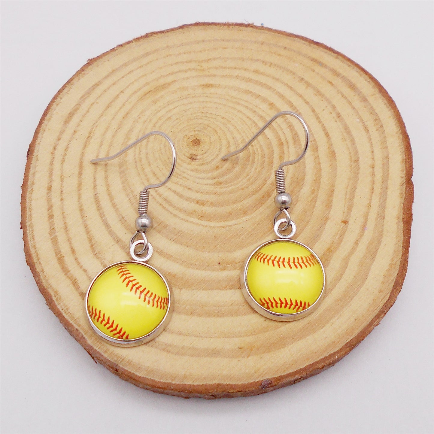 Hypoallergenic Softball Pattern Hook Earrings - 1 pair Glass Cabochon Dangle Earrings with Stainless Steel French Ear Wire Women Ear Piercing Jewelry for Daily Wear