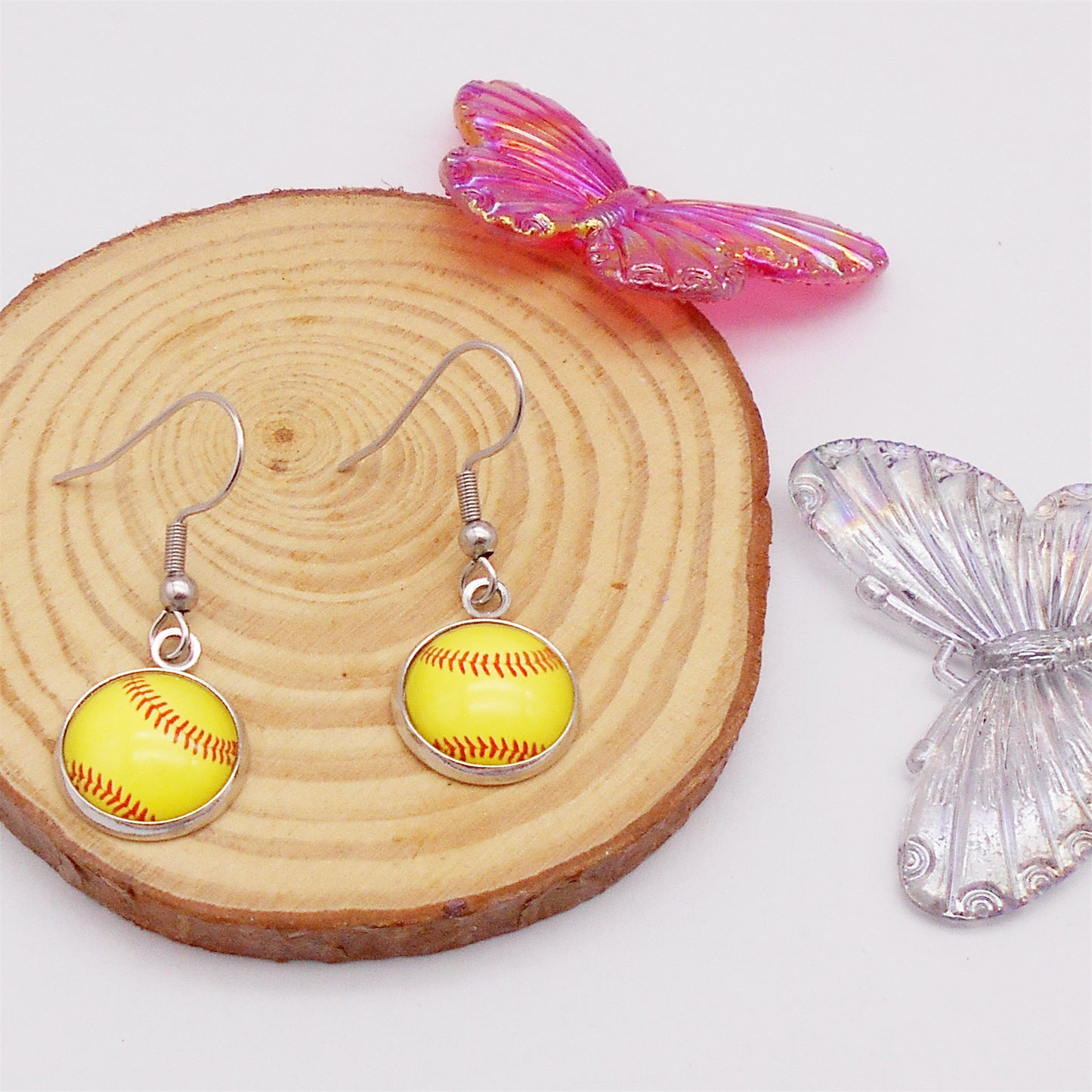 Hypoallergenic Softball Pattern Hook Earrings - 1 pair Glass Cabochon Dangle Earrings with Stainless Steel French Ear Wire Women Ear Piercing Jewelry for Daily Wear