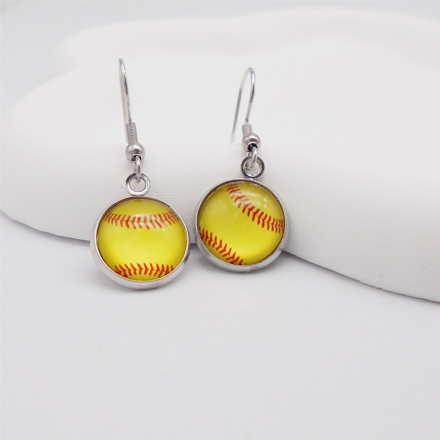 Hypoallergenic Softball Pattern Hook Earrings - 1 pair Glass Cabochon Dangle Earrings with Stainless Steel French Ear Wire Women Ear Piercing Jewelry for Daily Wear