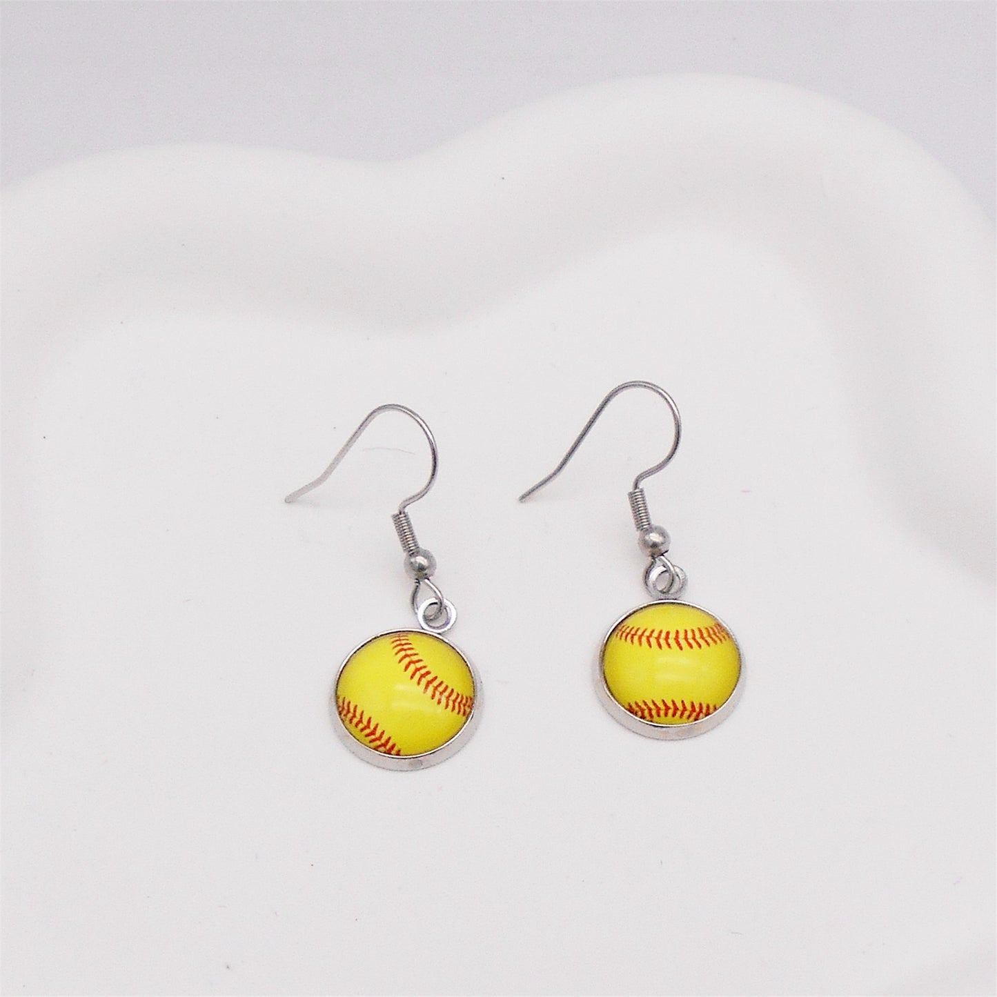 Hypoallergenic Softball Pattern Hook Earrings - 1 pair Glass Cabochon Dangle Earrings with Stainless Steel French Ear Wire Women Ear Piercing Jewelry for Daily Wear