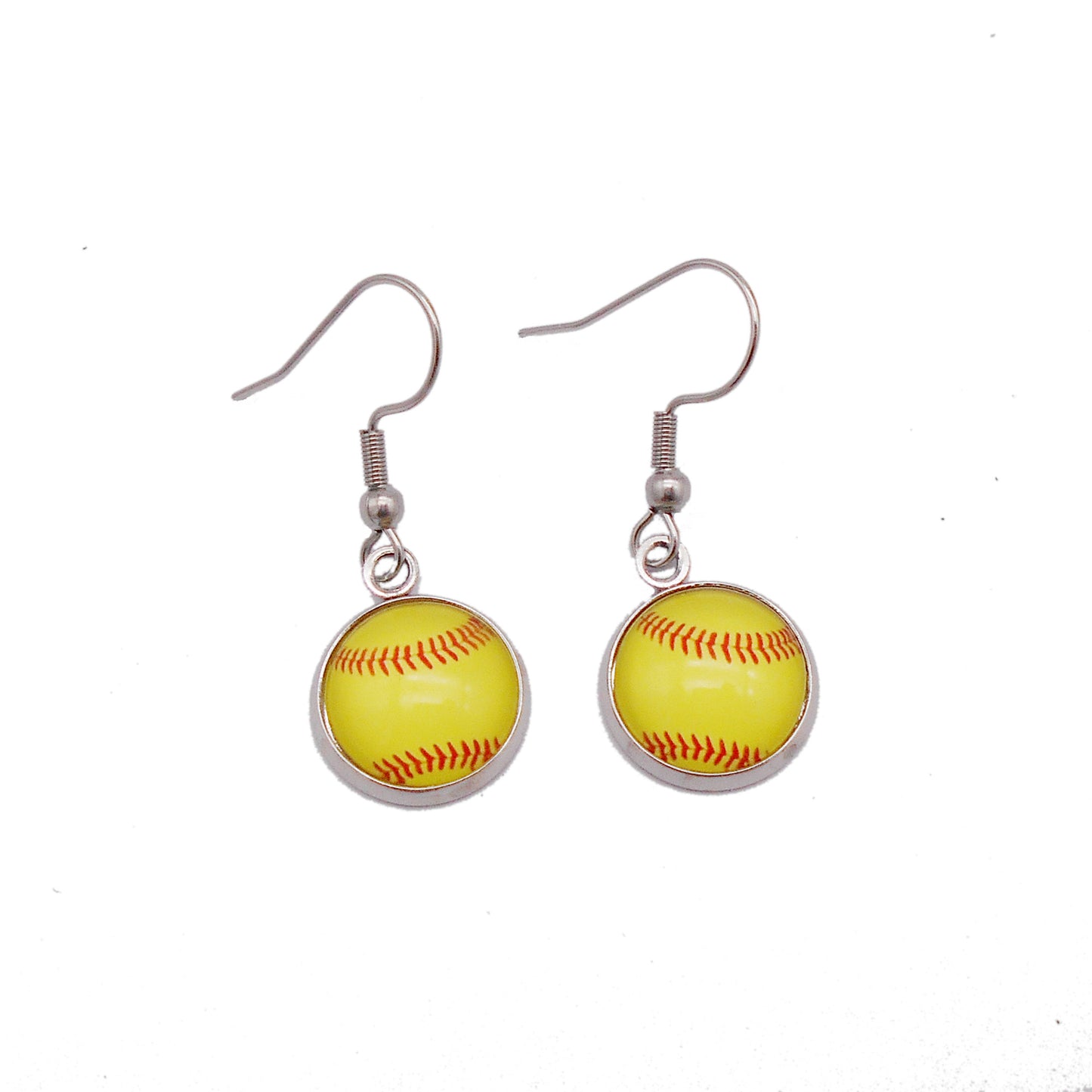 Hypoallergenic Softball Pattern Hook Earrings - 1 pair Glass Cabochon Dangle Earrings with Stainless Steel French Ear Wire Women Ear Piercing Jewelry for Daily Wear