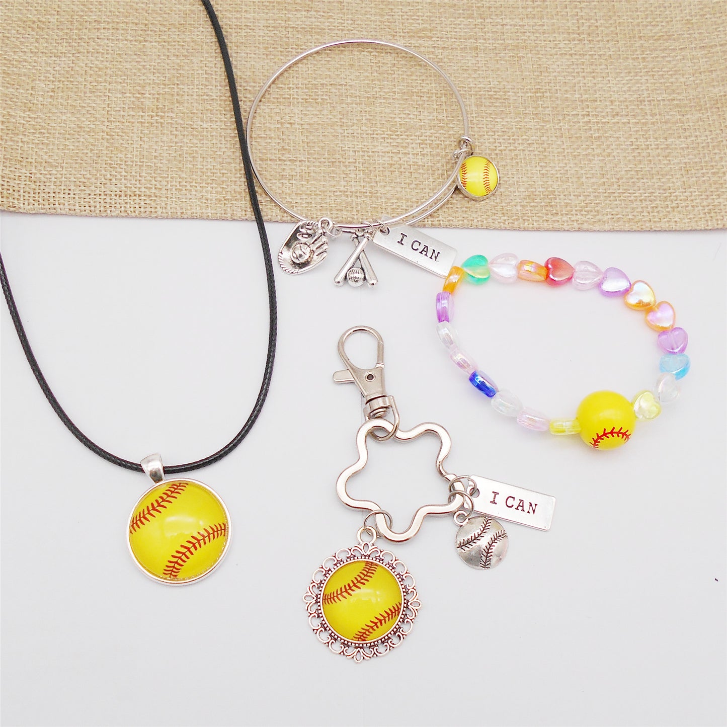 1 Set Softball Jewelry Set - Softball Series Metal Alloy Necklace Bracelet Keychain High Quality Jewelry Gift for Softball Fans