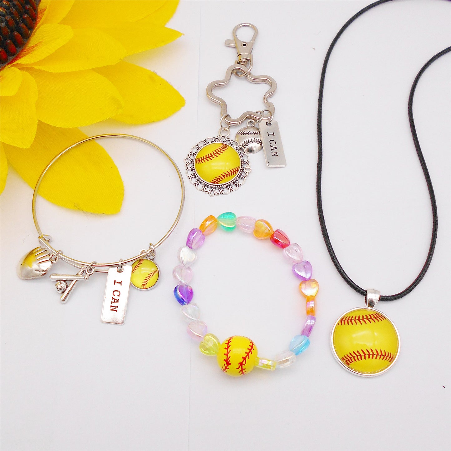 1 Set Softball Jewelry Set - Softball Series Metal Alloy Necklace Bracelet Keychain High Quality Jewelry Gift for Softball Fans