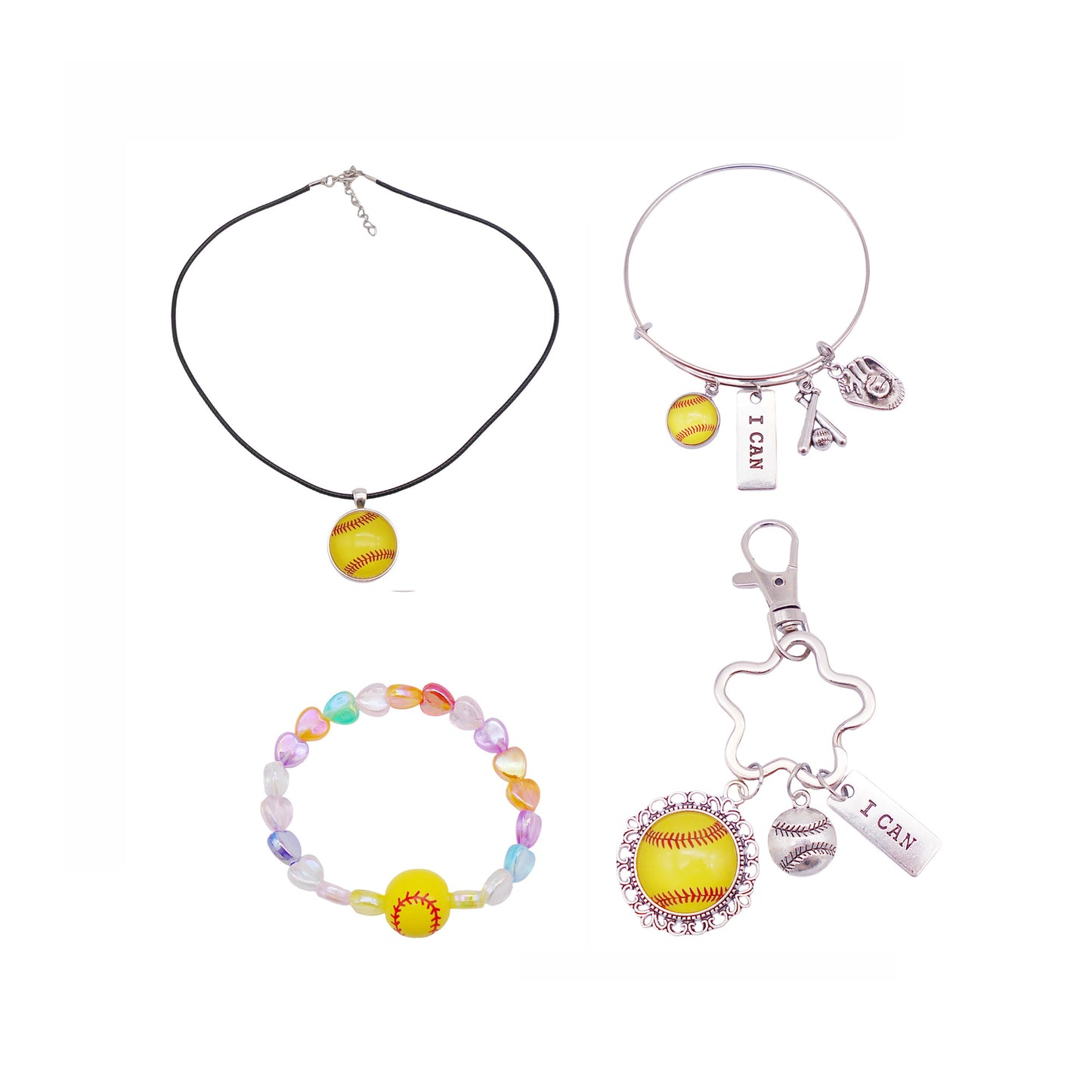 1 Set Softball Jewelry Set - Softball Series Metal Alloy Necklace Bracelet Keychain High Quality Jewelry Gift for Softball Fans