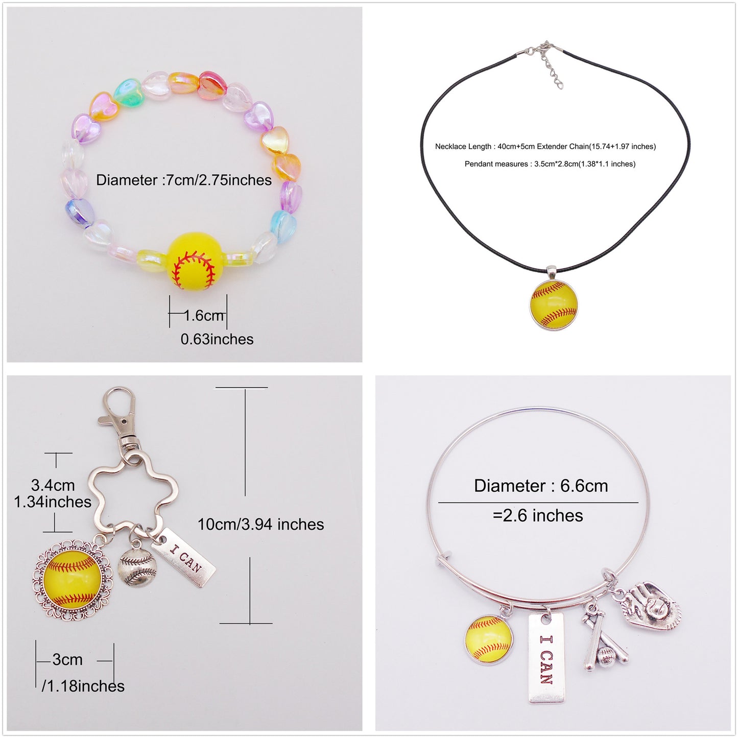 1 Set Softball Jewelry Set - Softball Series Metal Alloy Necklace Bracelet Keychain High Quality Jewelry Gift for Softball Fans