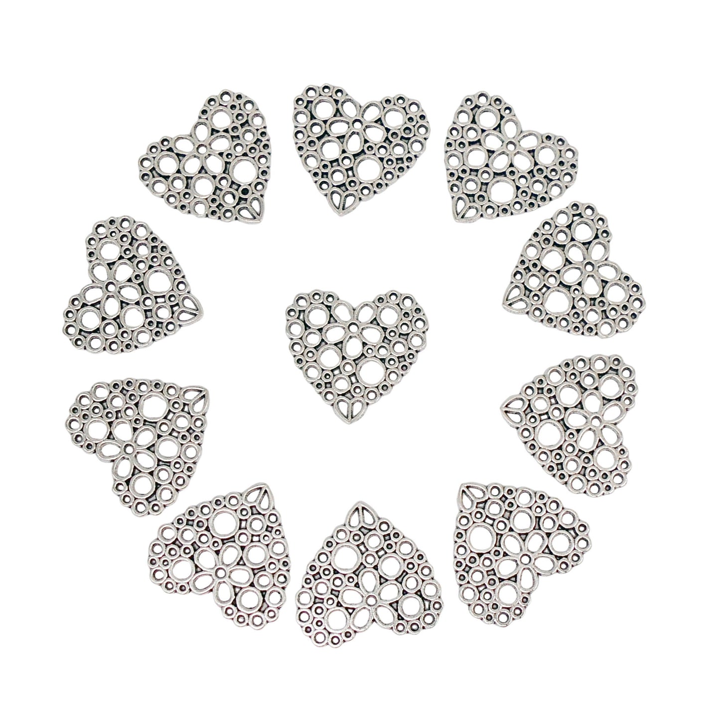 10Pcs 23x24mm Openwork Heart Charms Metal Love Heart Pendants Retro Silver Necklace Bracelet Charms Jewelry Making Accessories DIY Crafts Decor
