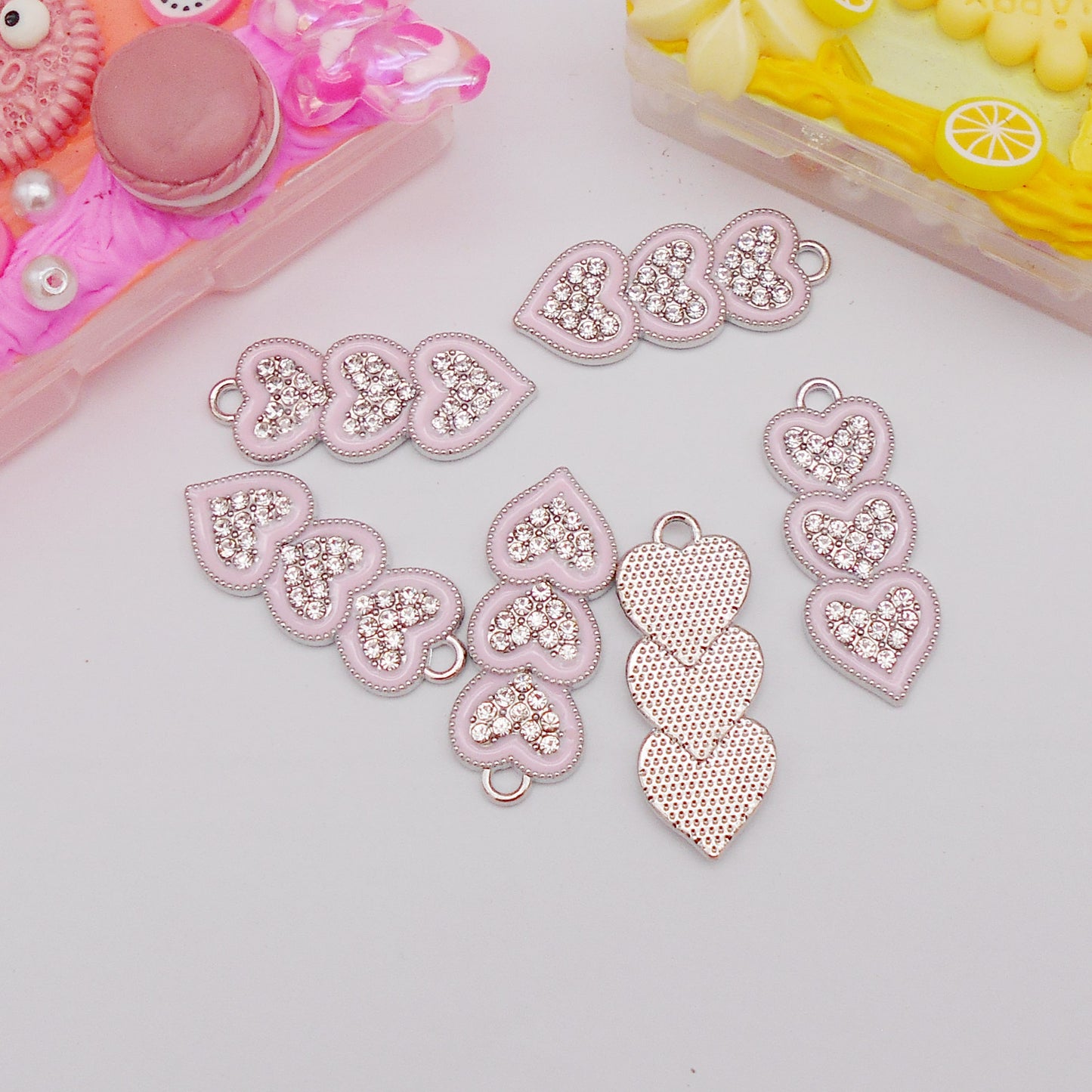 10Pcs Pink Enamel Heart Charms Metal Triple Heart Pendant with Crystal Rhinestones Decoration for DIY Jewelry(Necklace, Bracelet, Earrings) Making 30x12mm