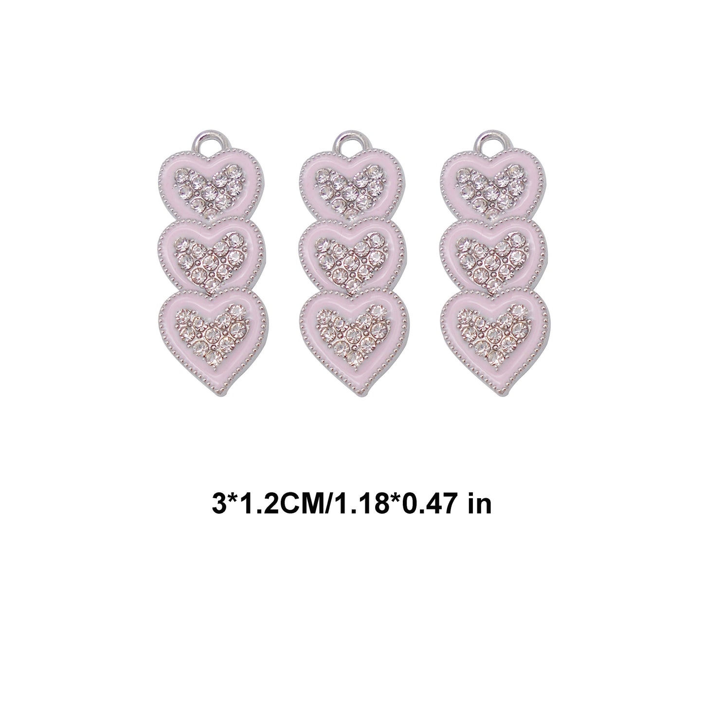 30pcs Pink Alloy Enamel Charms 3 Hearts Rhinestones Pendant for Jewelry Necklace Bracelet Earring Making Keychain Bookmark DIY Craft Findings10pcs/pack