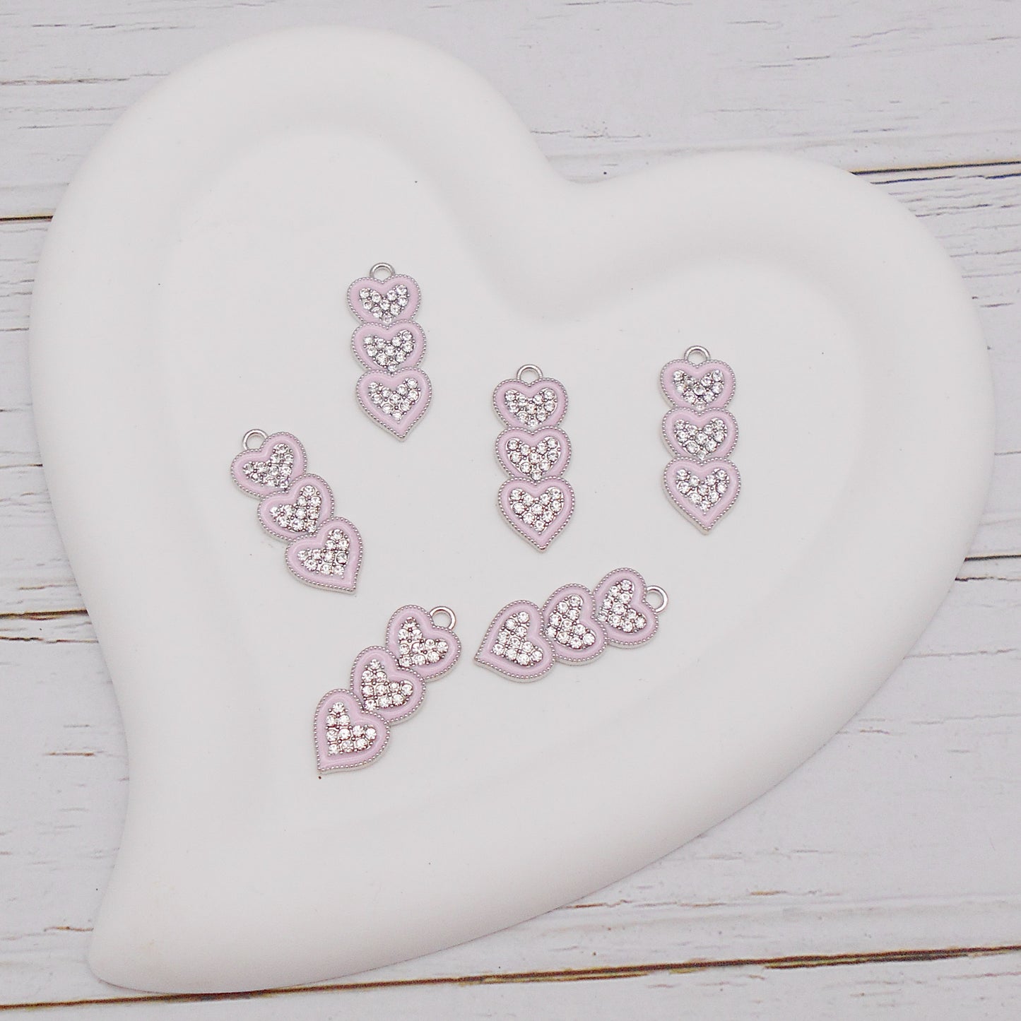 30pcs Pink Alloy Enamel Charms 3 Hearts Rhinestones Pendant for Jewelry Necklace Bracelet Earring Making Keychain Bookmark DIY Craft Findings10pcs/pack