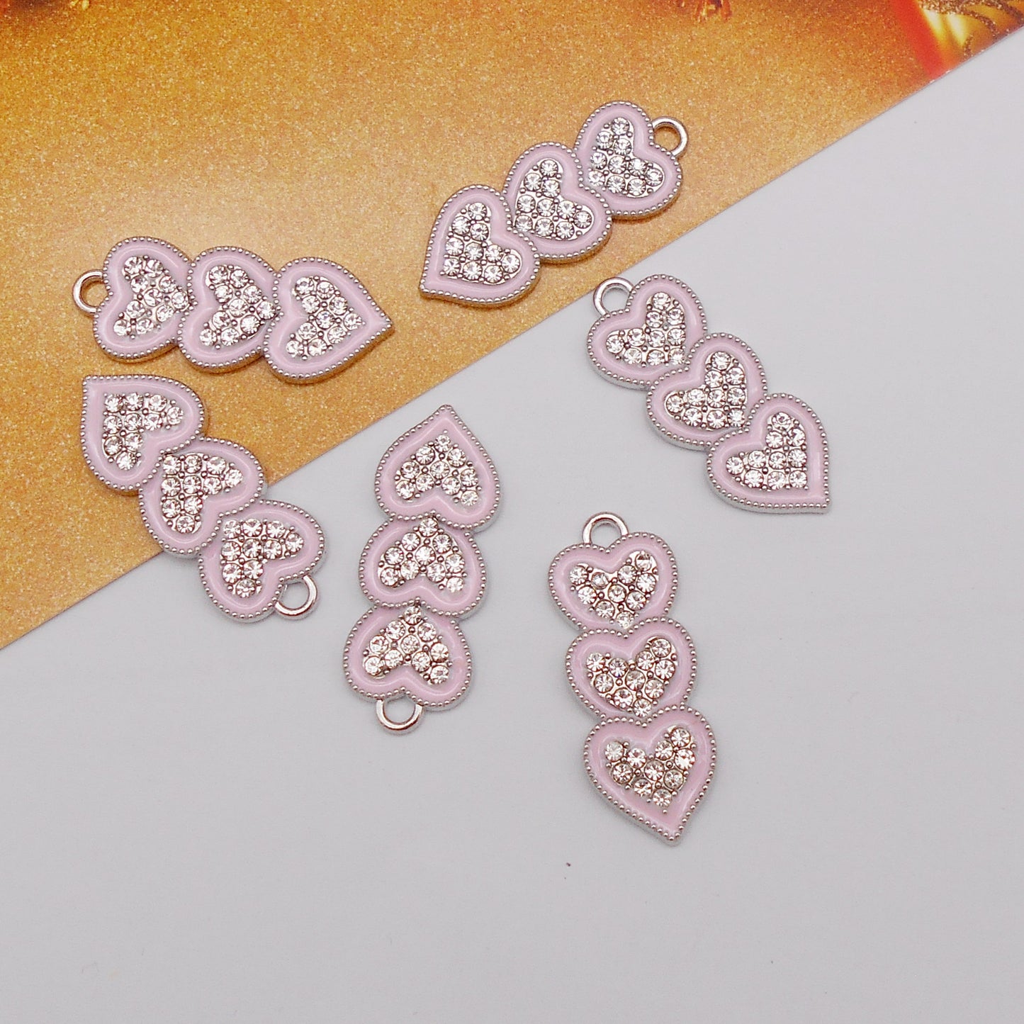 10Pcs Pink Enamel Heart Charms Metal Triple Heart Pendant with Crystal Rhinestones Decoration for DIY Jewelry(Necklace, Bracelet, Earrings) Making 30x12mm