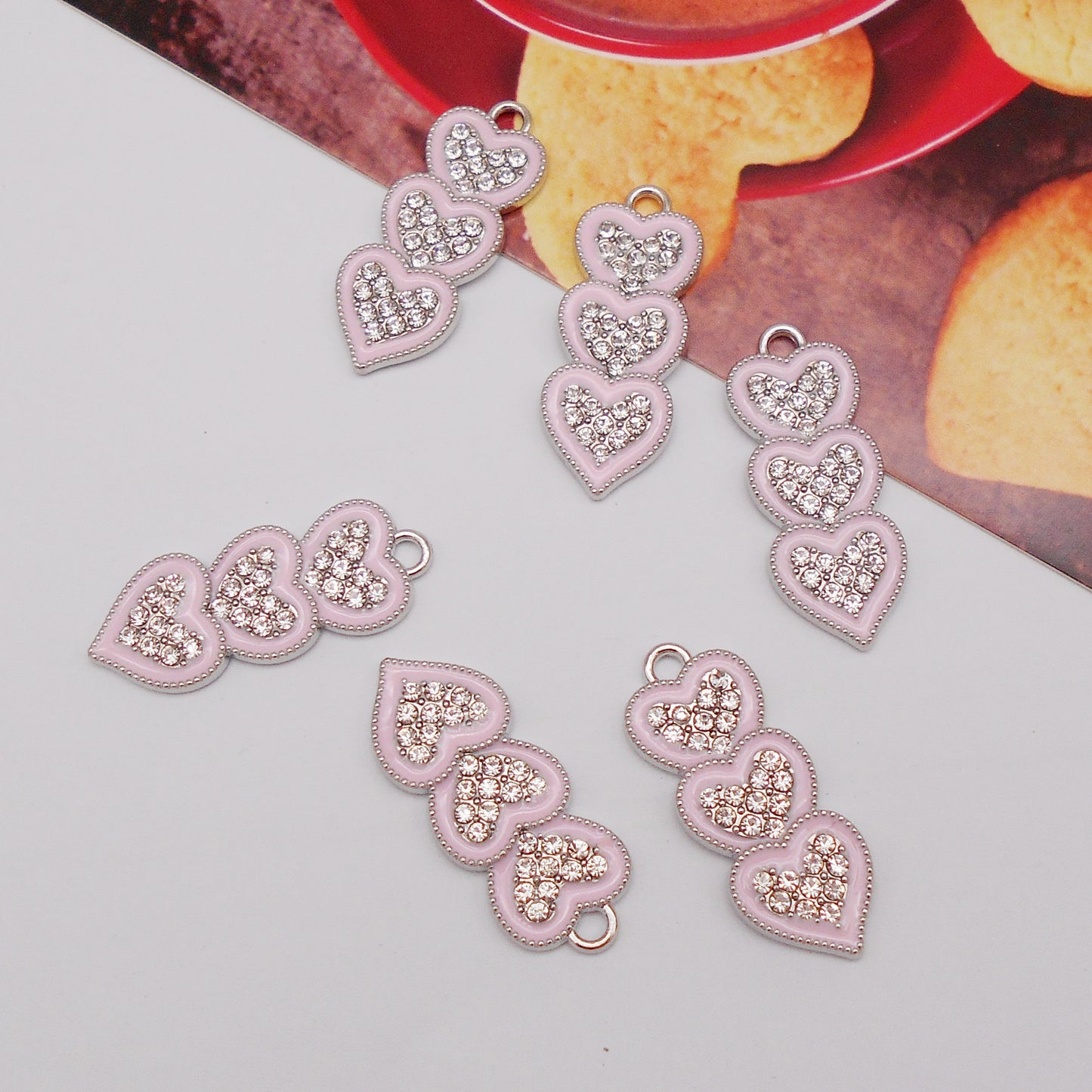 30pcs Pink Alloy Enamel Charms 3 Hearts Rhinestones Pendant for Jewelry Necklace Bracelet Earring Making Keychain Bookmark DIY Craft Findings10pcs/pack