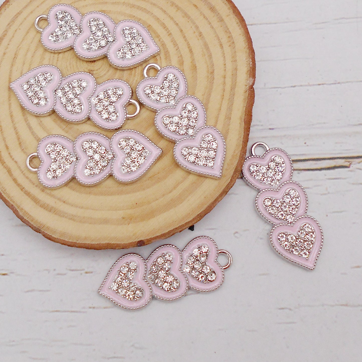 10Pcs Pink Enamel Heart Charms Metal Triple Heart Pendant with Crystal Rhinestones Decoration for DIY Jewelry(Necklace, Bracelet, Earrings) Making 30x12mm